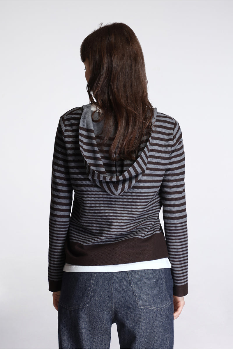 Hooded V-Neck Long Sleeve Cotton Waffle Stripe