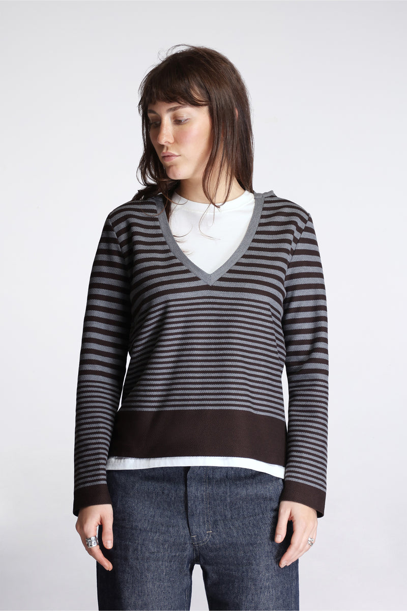 Hooded V-Neck Long Sleeve Cotton Waffle Stripe