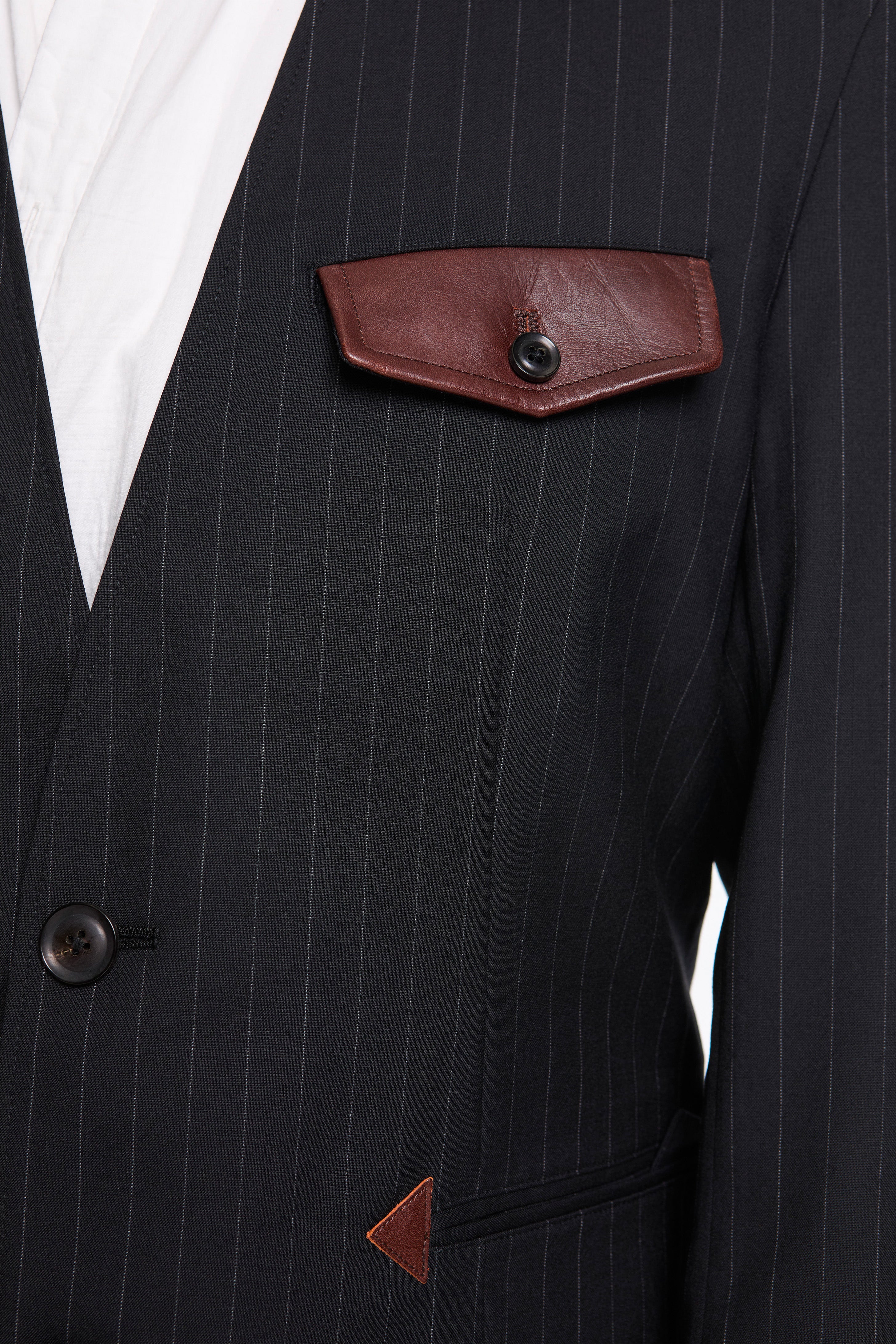 Leather-Patch No-Collar Jacket Black