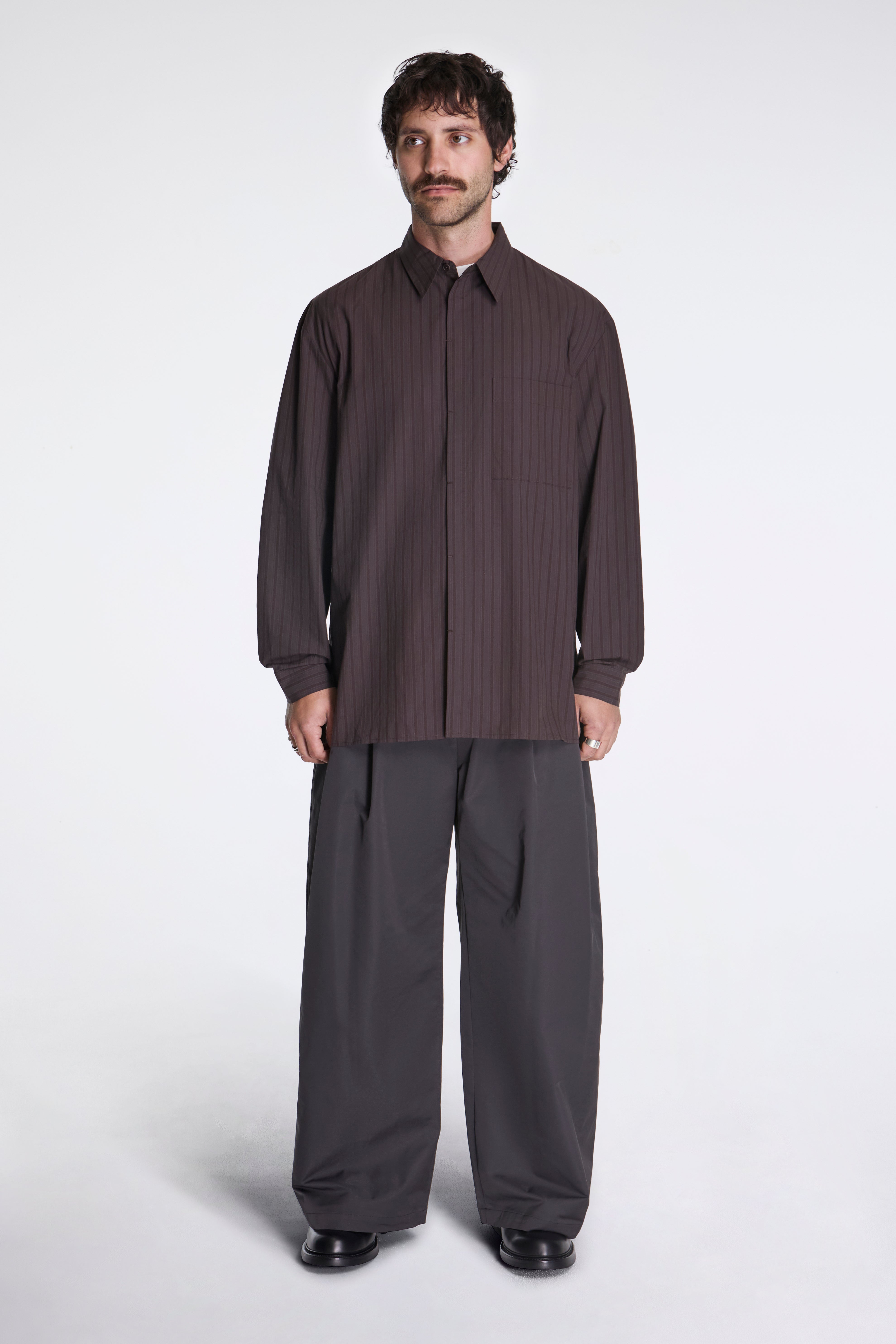 Amomento Stripe Square Pocket Oversized Shirts Brown