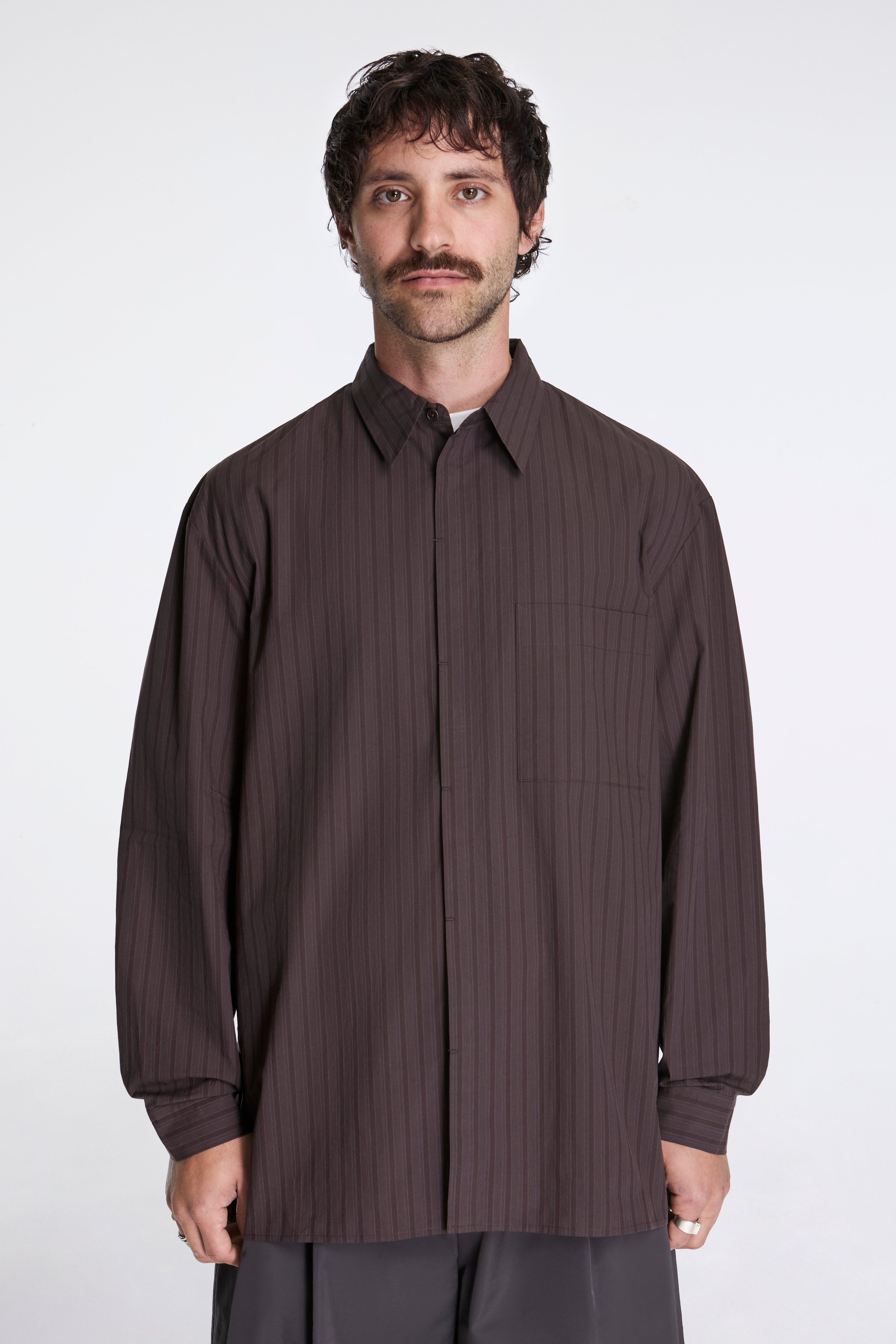 Amomento Stripe Square Pocket Oversized Shirts Brown