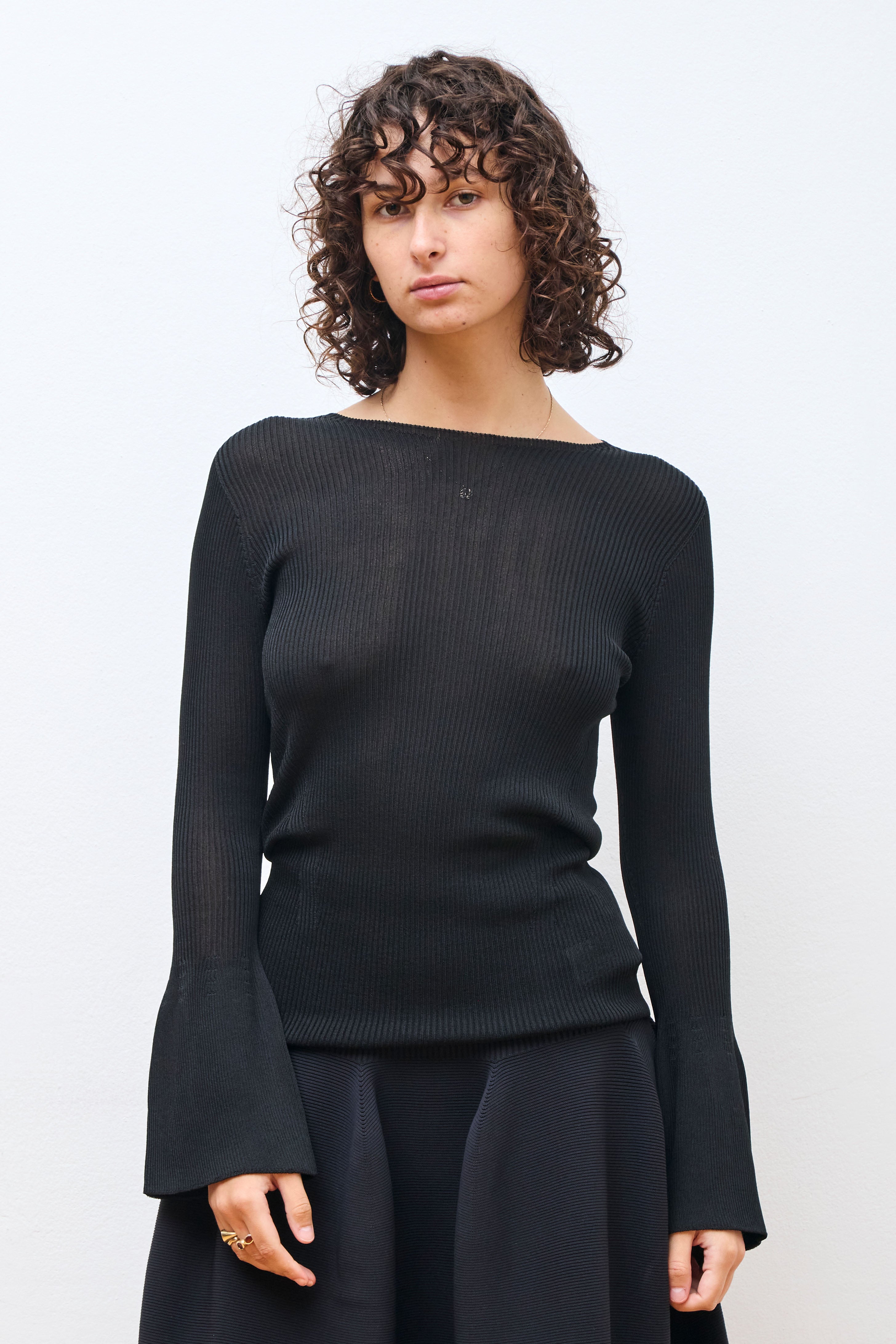 Soft Portrait Long Bell Sleeve Top Black