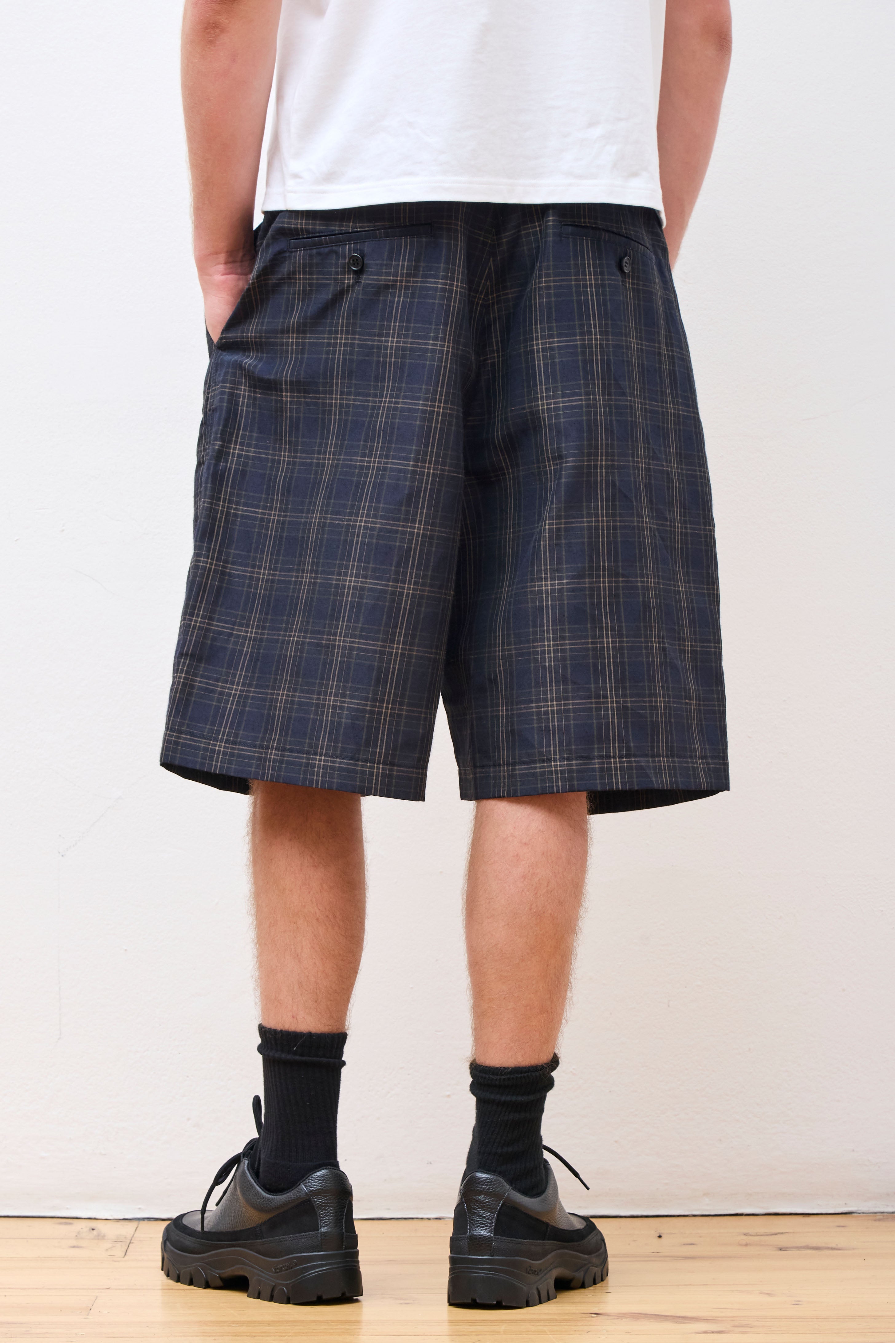 Linen Plaid Shorts Navy