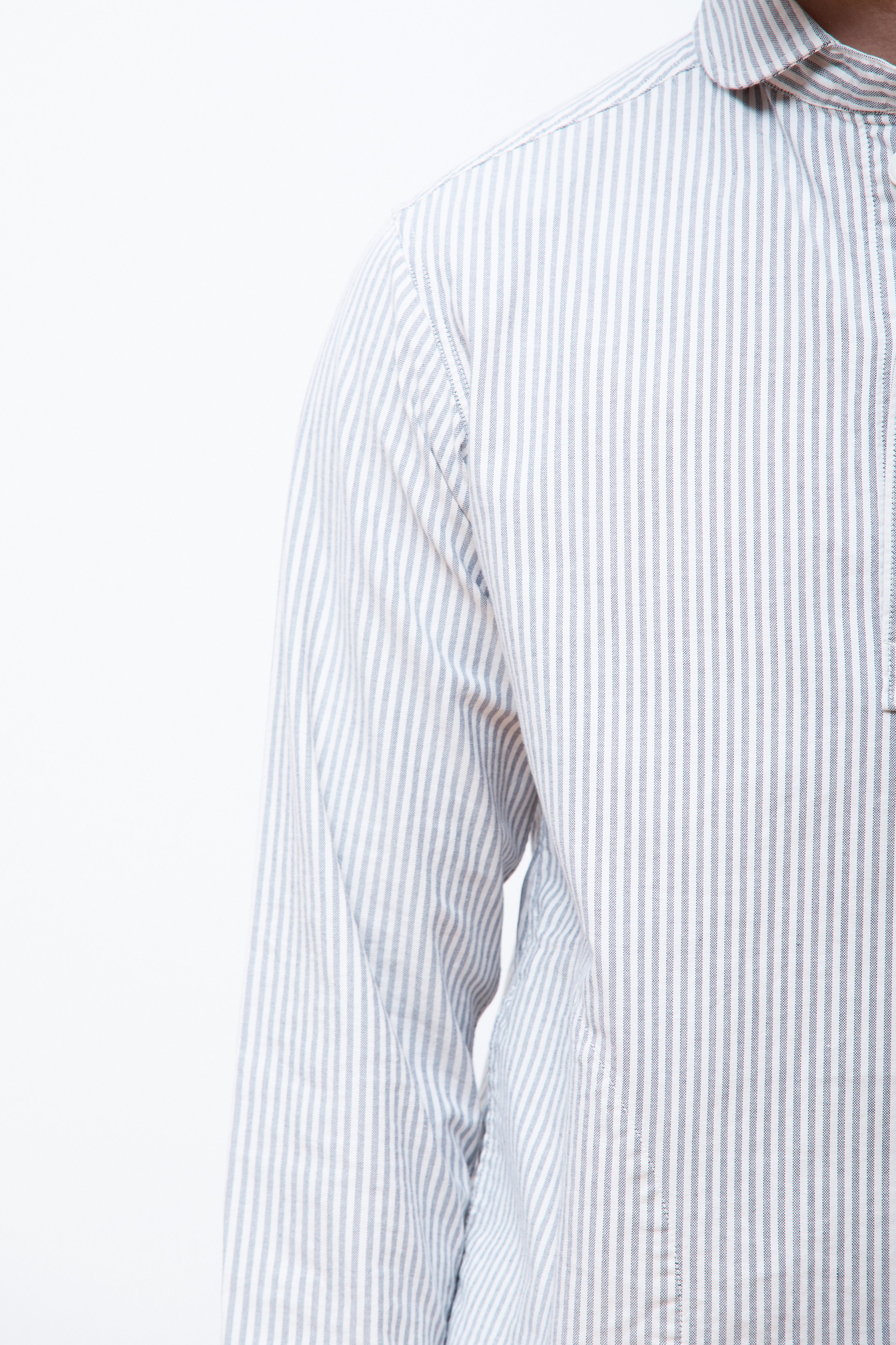 Men's Round Collar P.O Shirt L/S Navy/Ecru Stripe