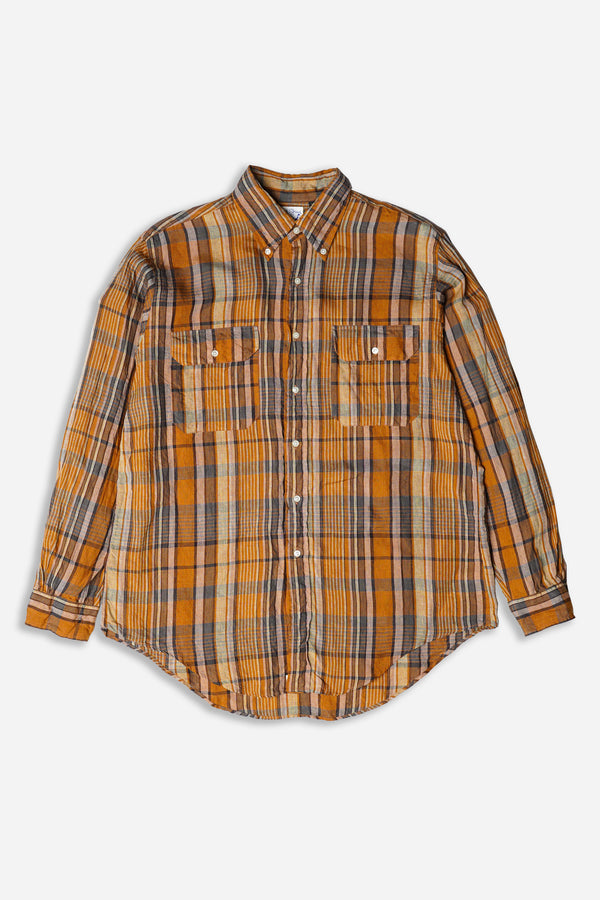 Linen Button Down Safari Shirt Orange Check