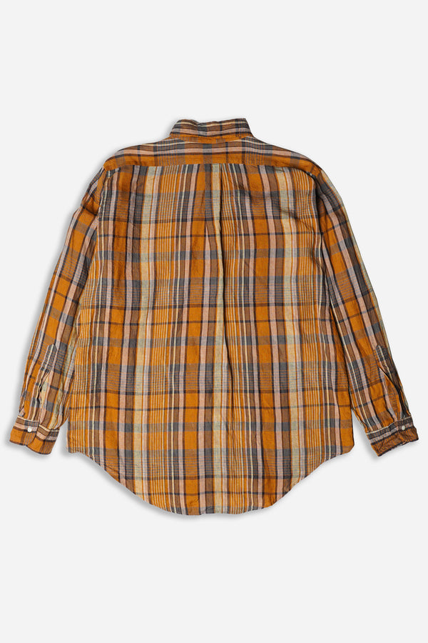 Linen Button Down Safari Shirt Orange Check