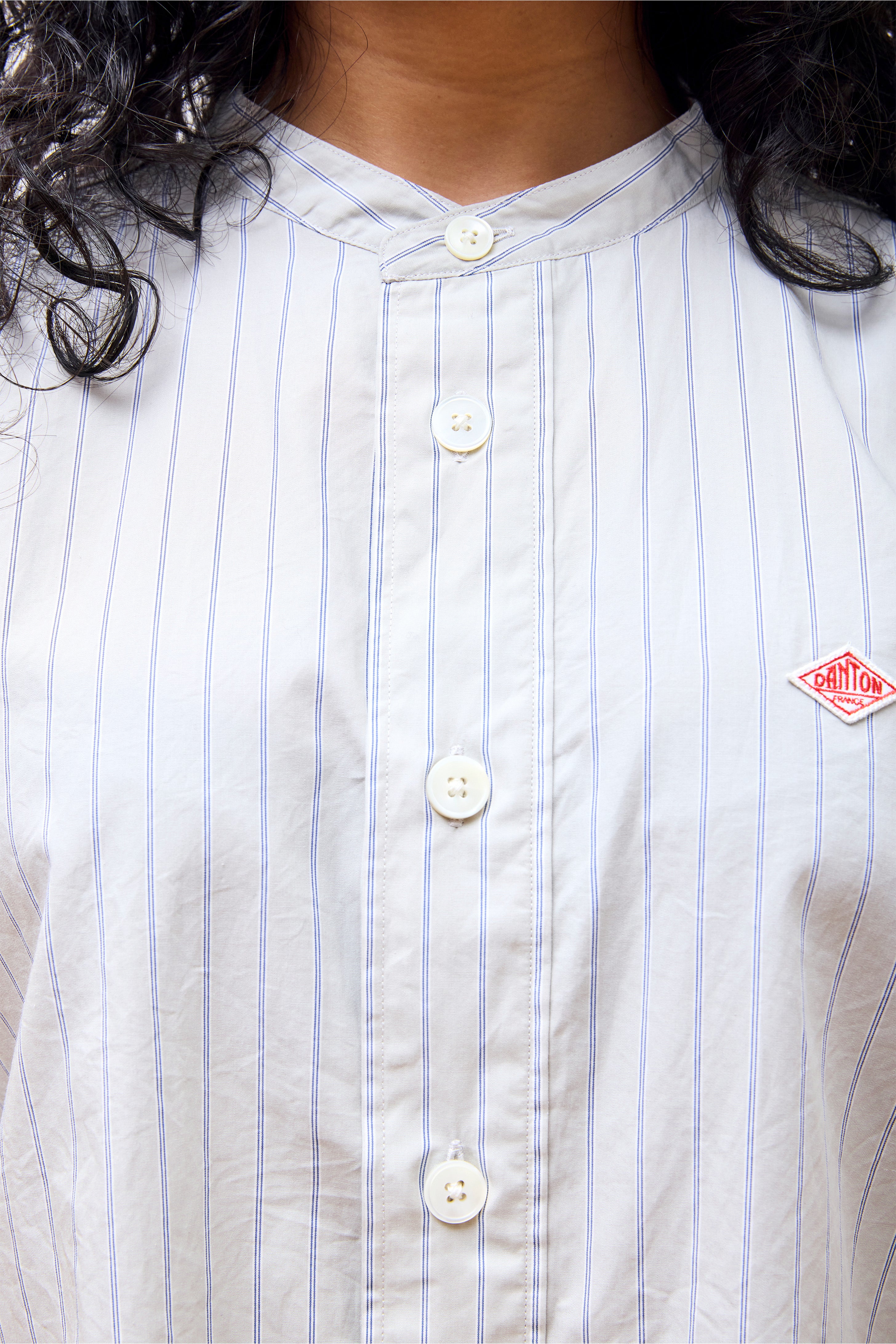 Band Collar Shirt W Grey Stripe