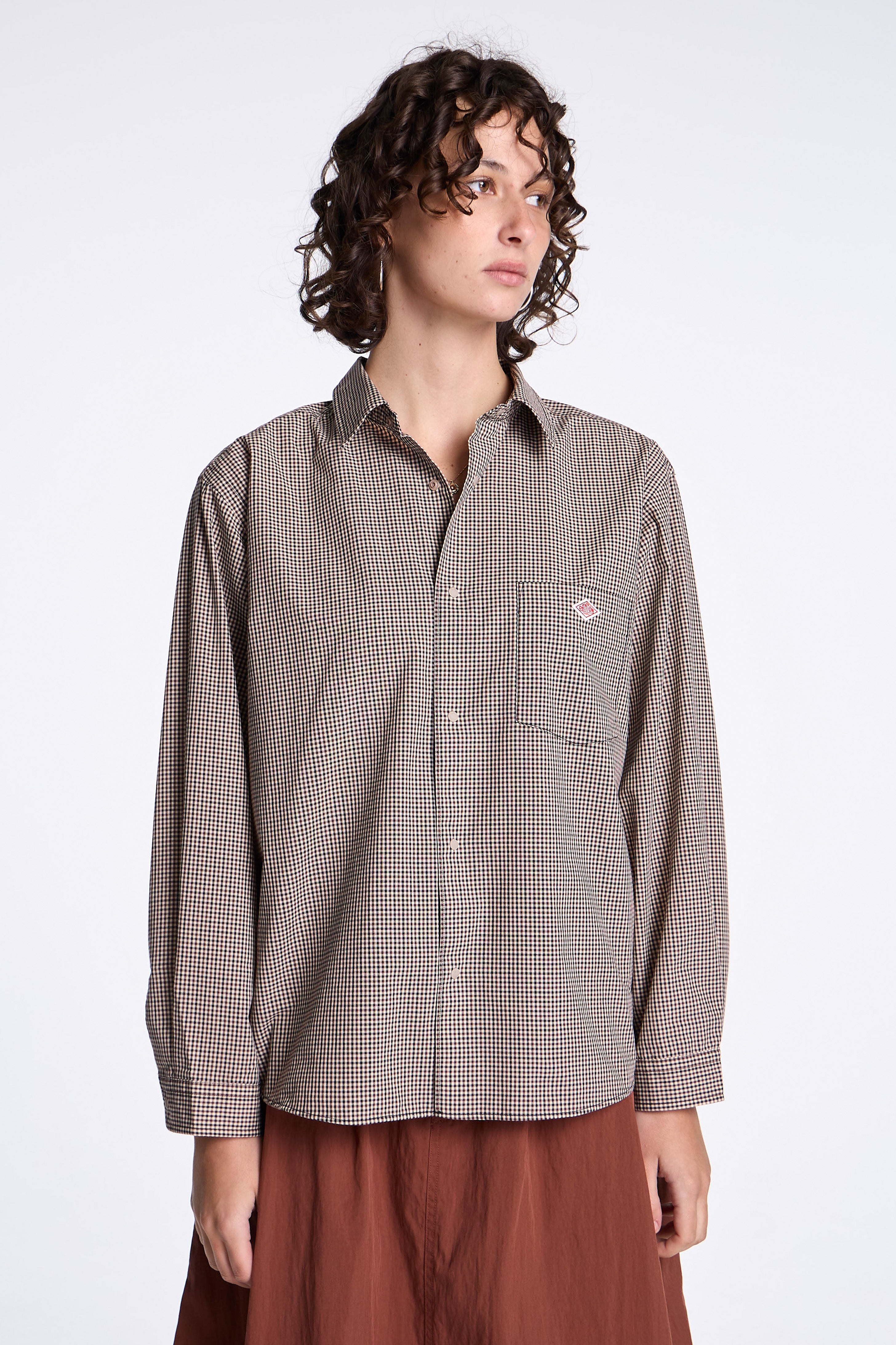 Dot Button Regular Collar Shirt L/S Beige Check