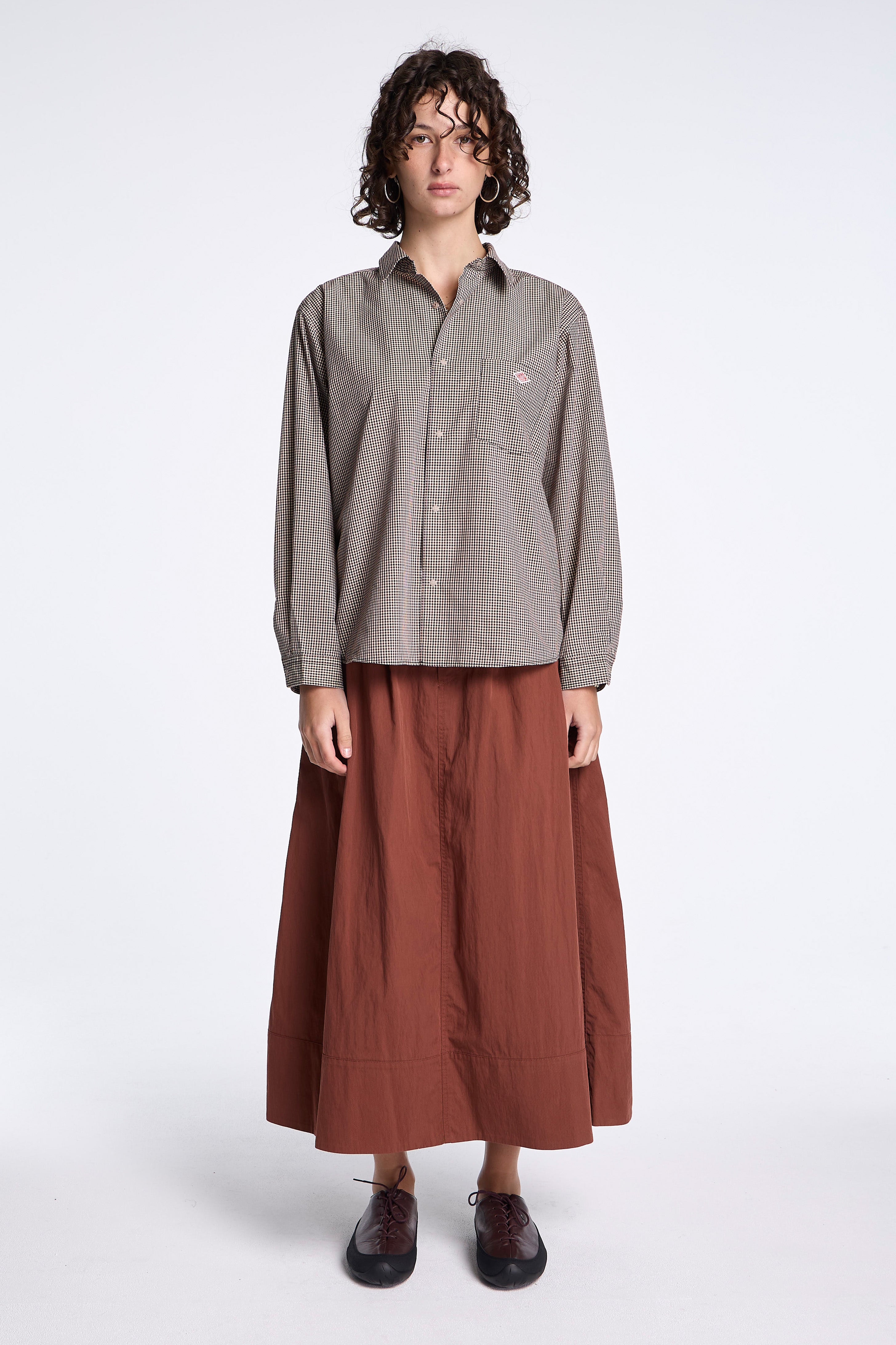 Dot Button Regular Collar Shirt L/S Beige Check