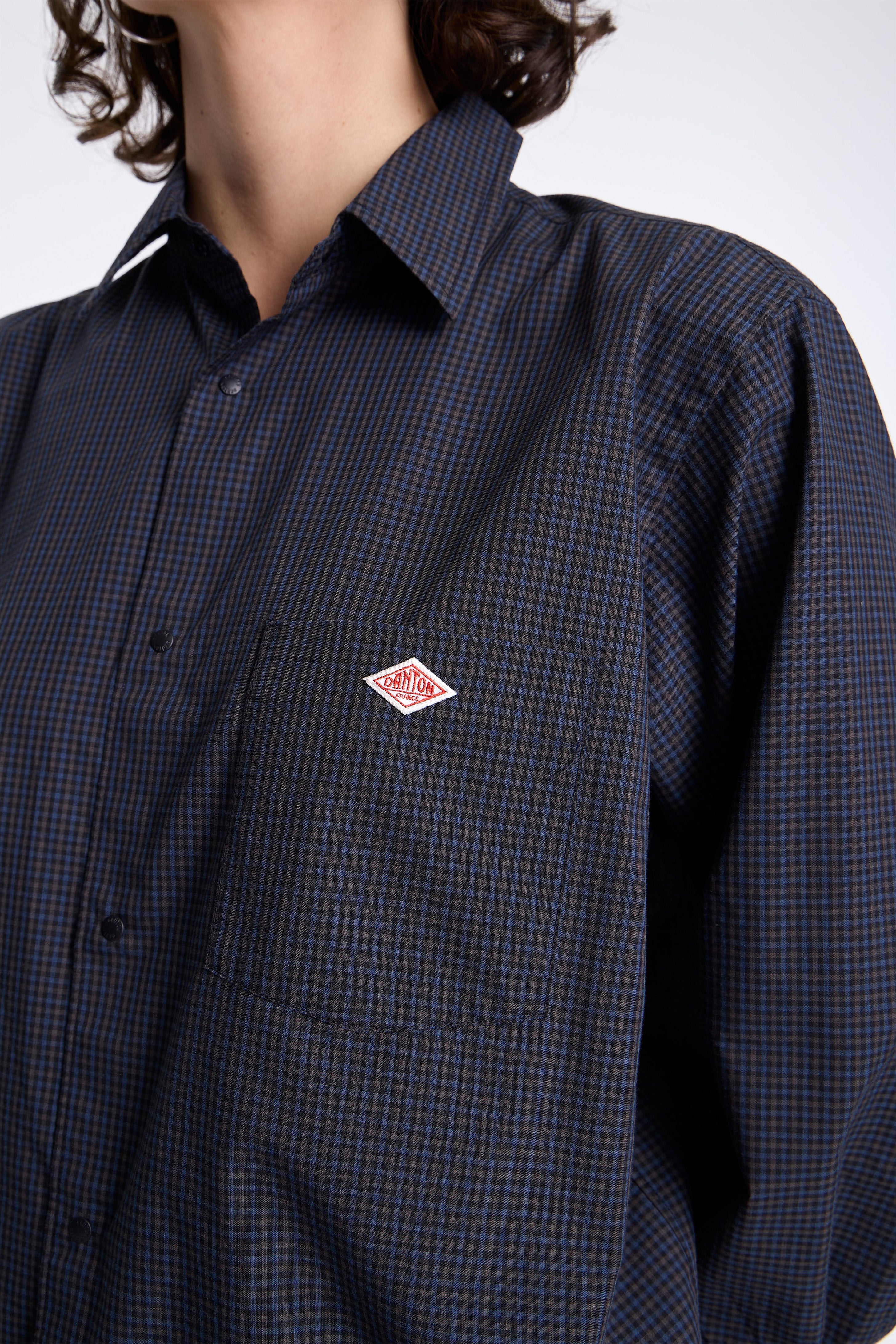 Dot Button Regular Collar Shirt L/S Navy Check