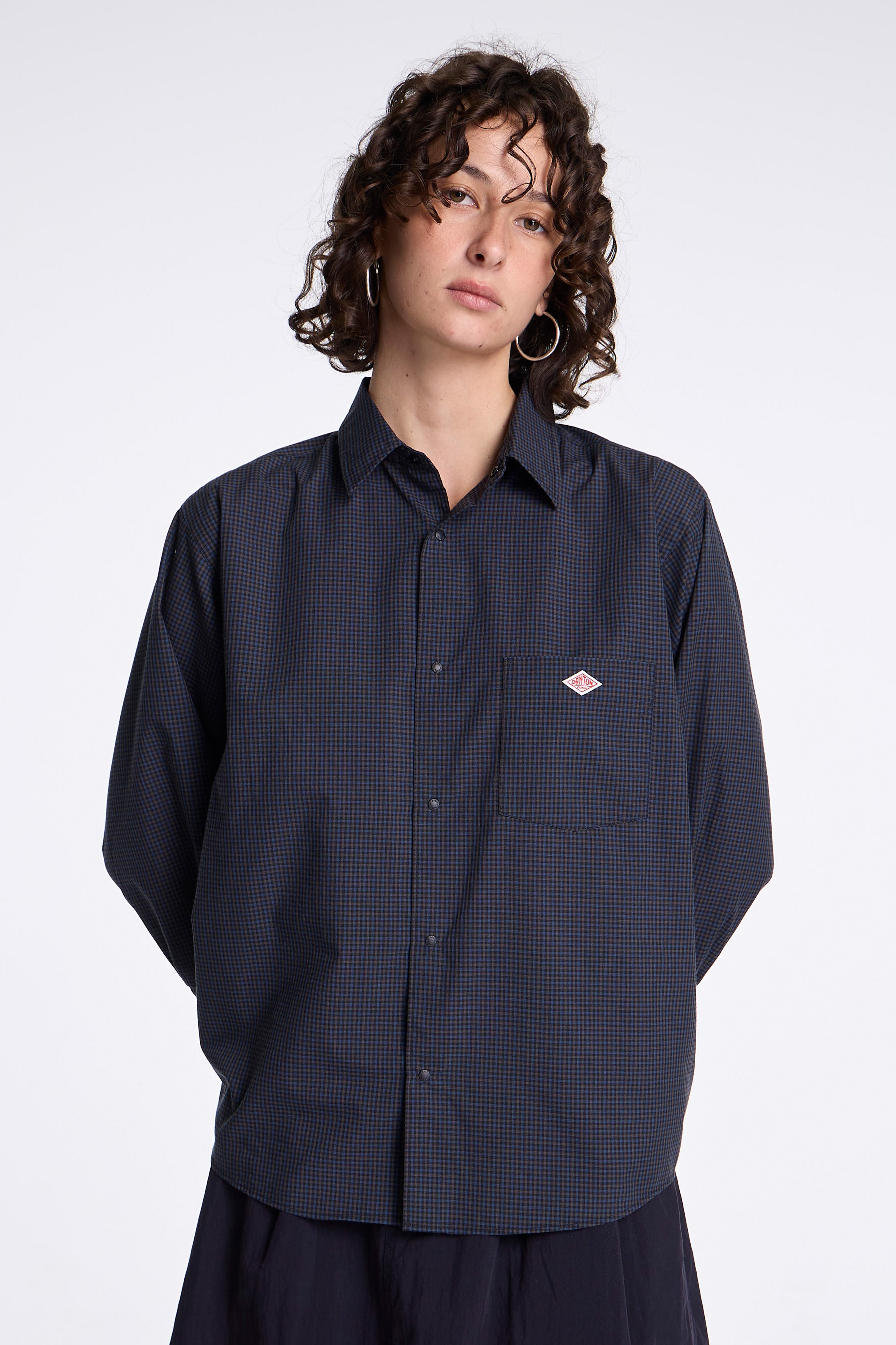 Dot Button Regular Collar Shirt L/S Navy Check