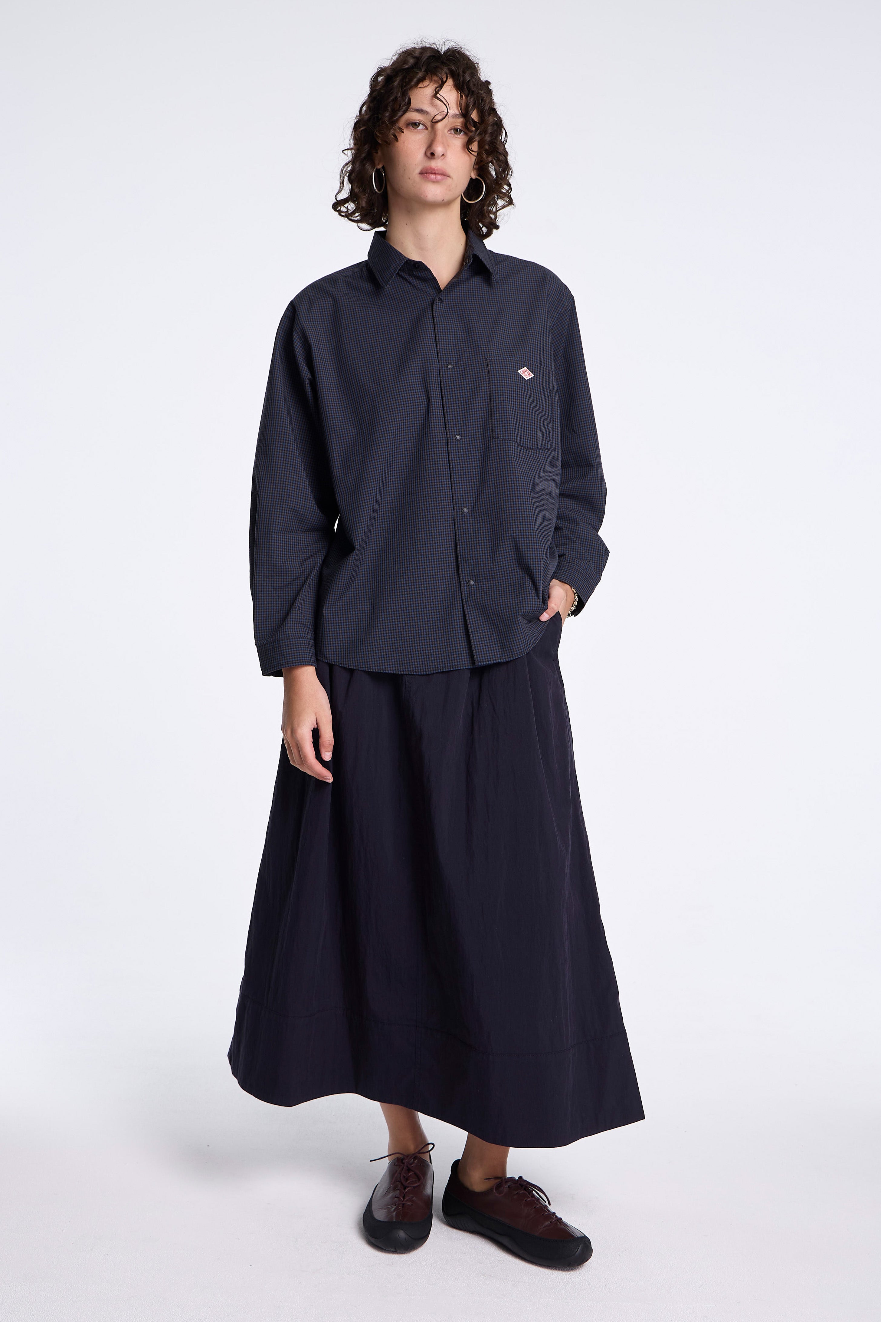 Dot Button Regular Collar Shirt L/S Navy Check