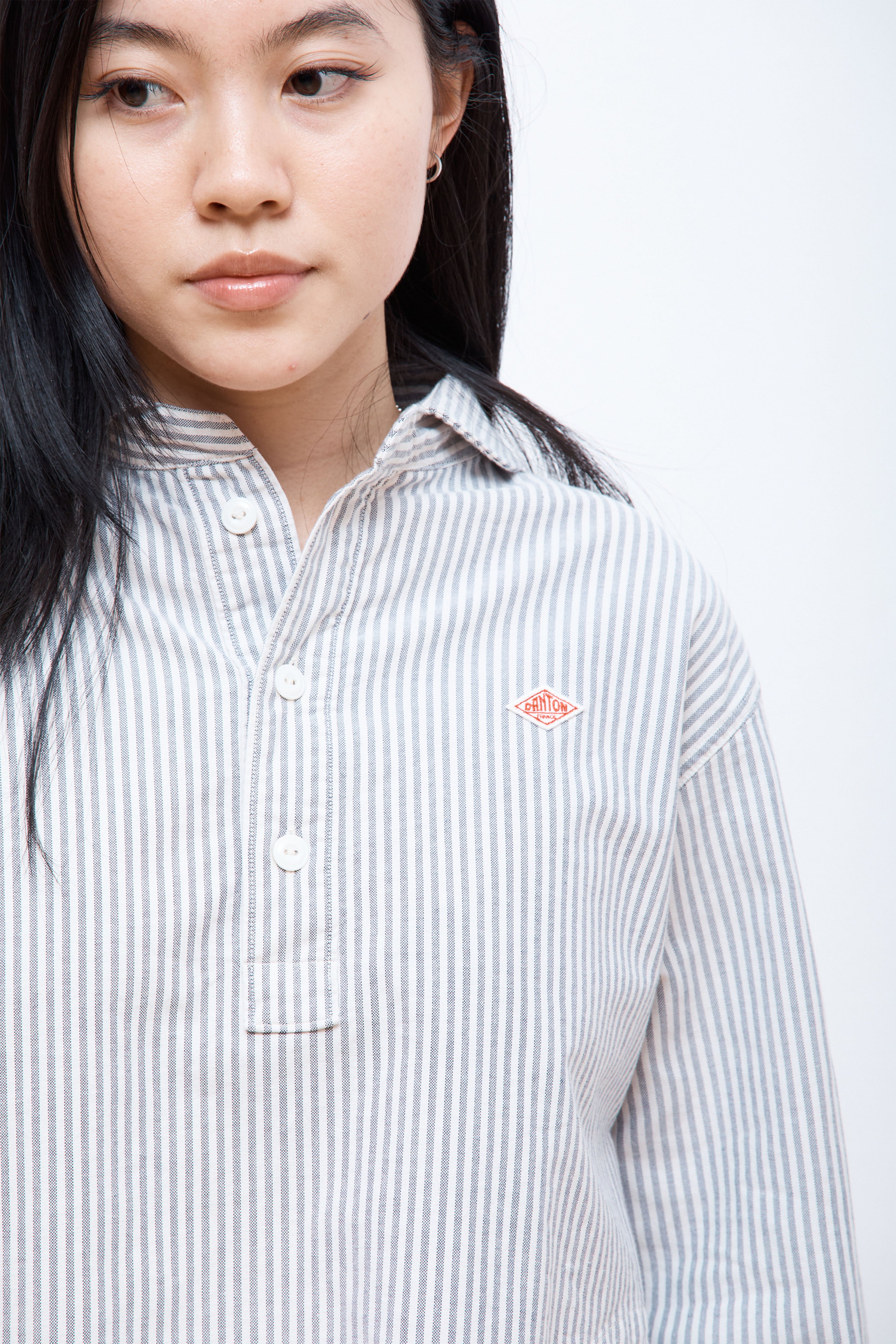 Women's Round Collar P.O Shirt L/S Navy/Ecru Stripe