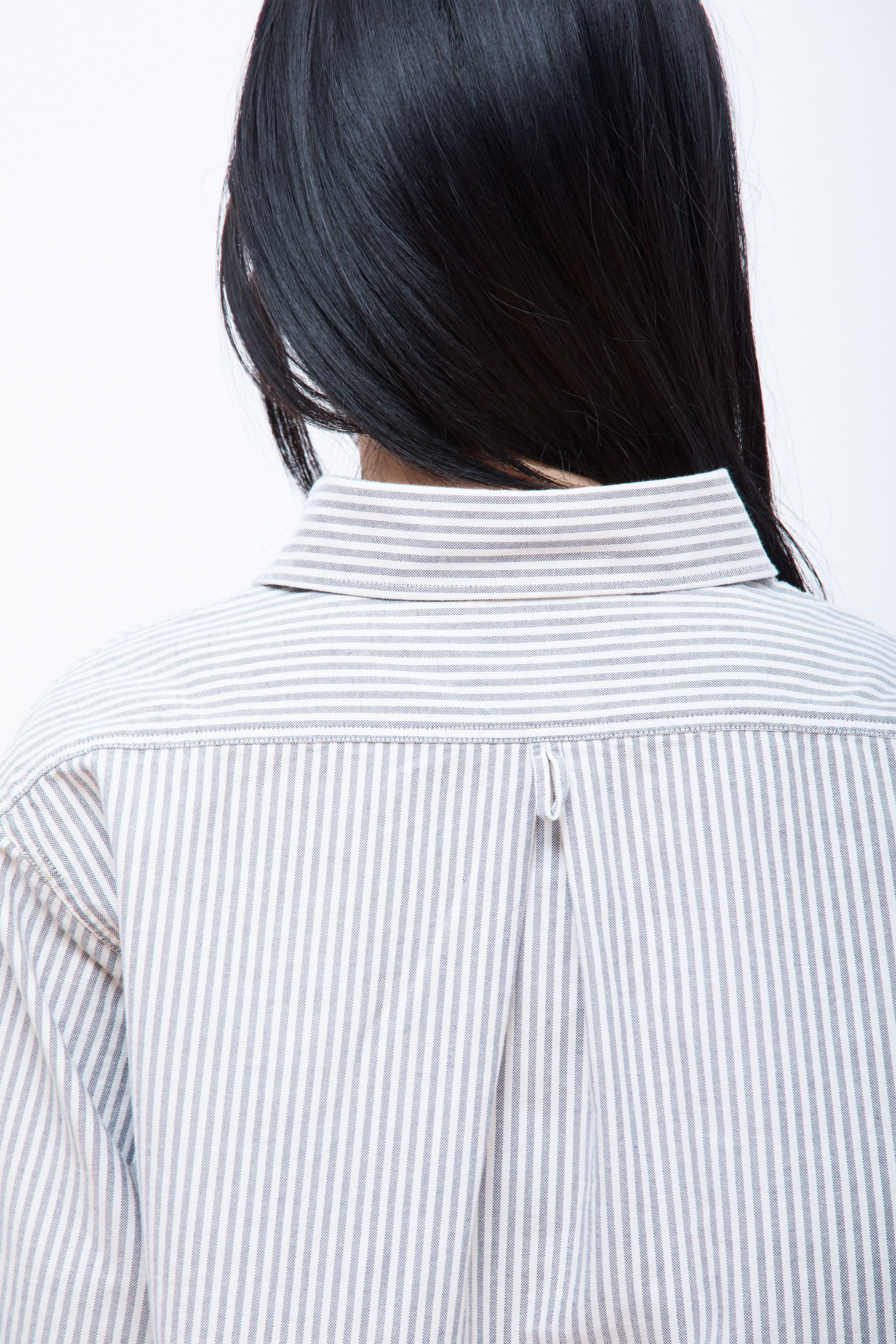 Women's Round Collar P.O Shirt L/S Navy/Ecru Stripe