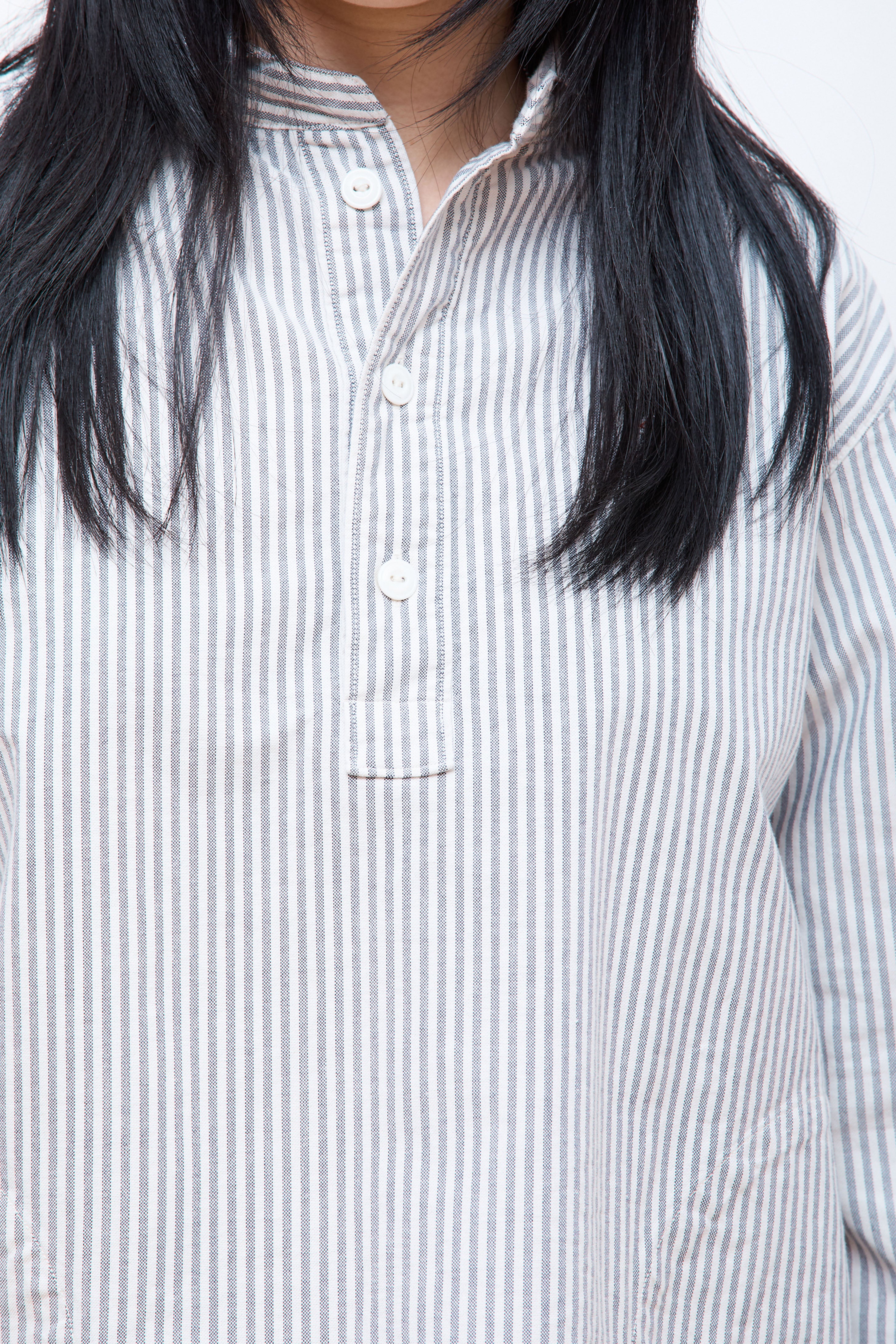 Women's Round Collar P.O Shirt L/S Navy/Ecru Stripe