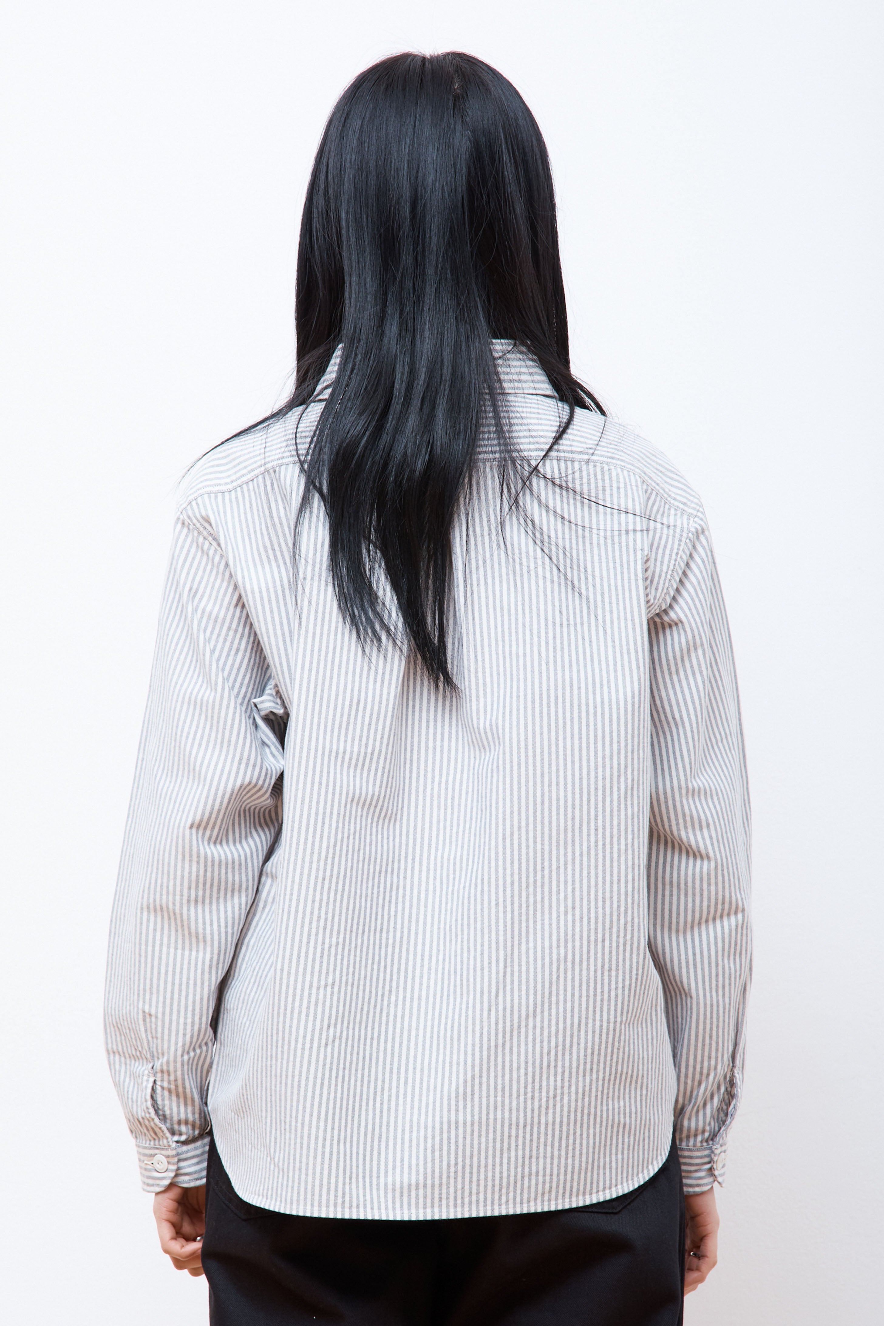 Women's Round Collar P.O Shirt L/S Navy/Ecru Stripe