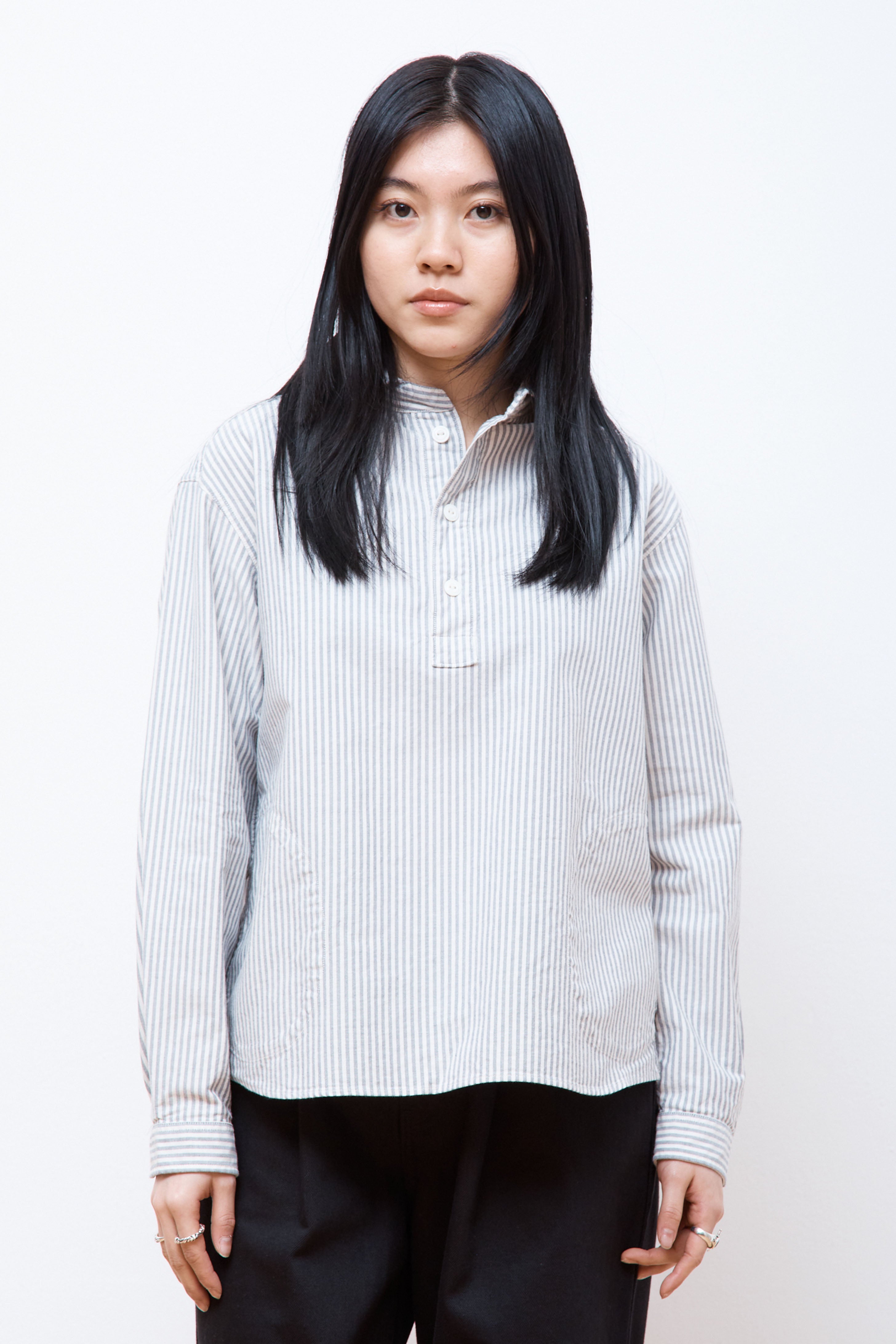 Women's Round Collar P.O Shirt L/S Navy/Ecru Stripe