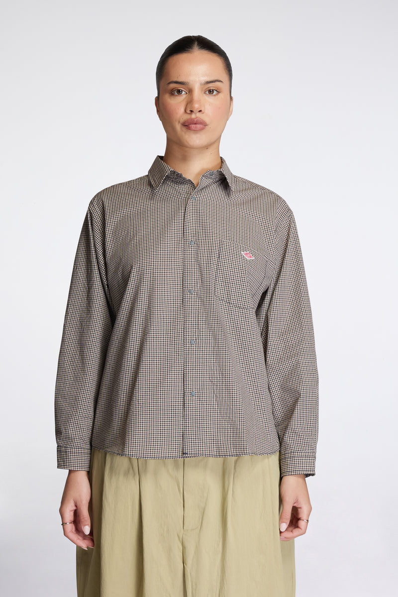 Dot Button Regular Collar Shirt L/S Beige Check