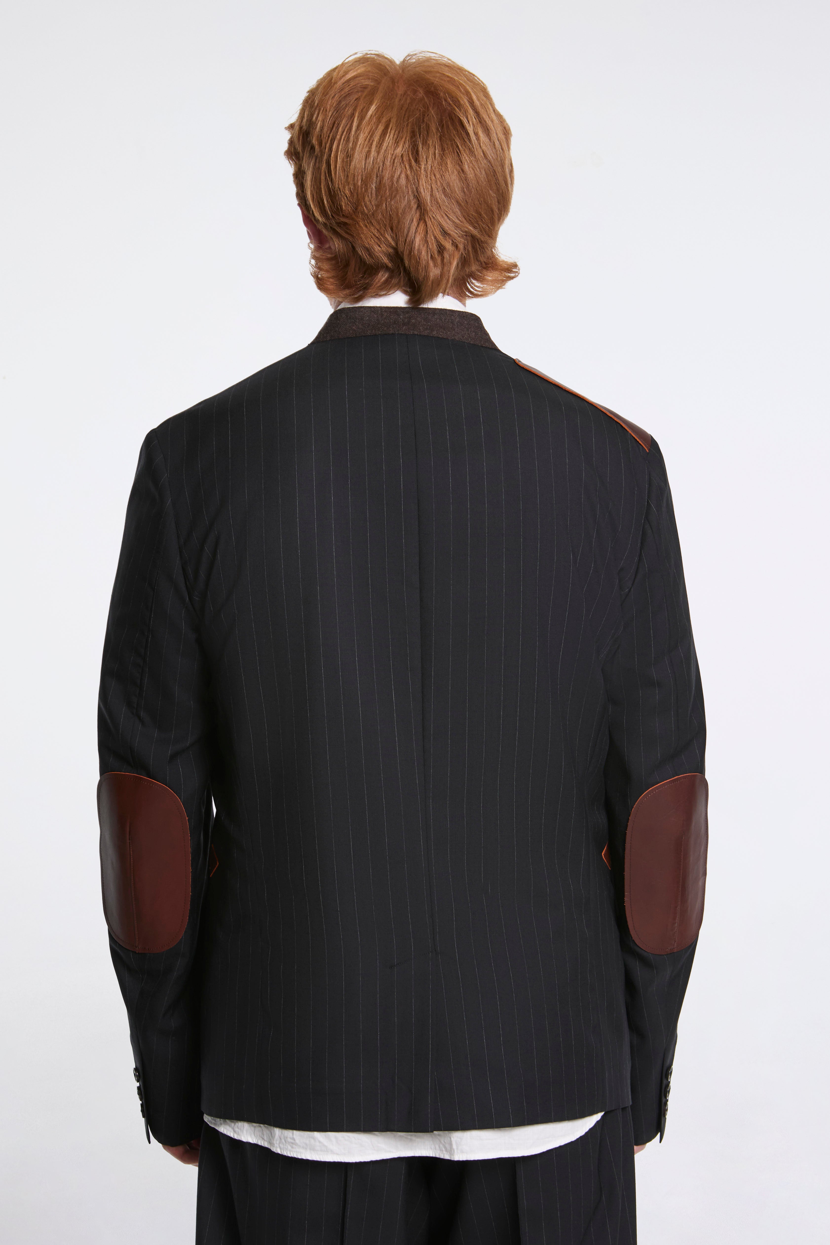 Leather-Patch No-Collar Jacket Black