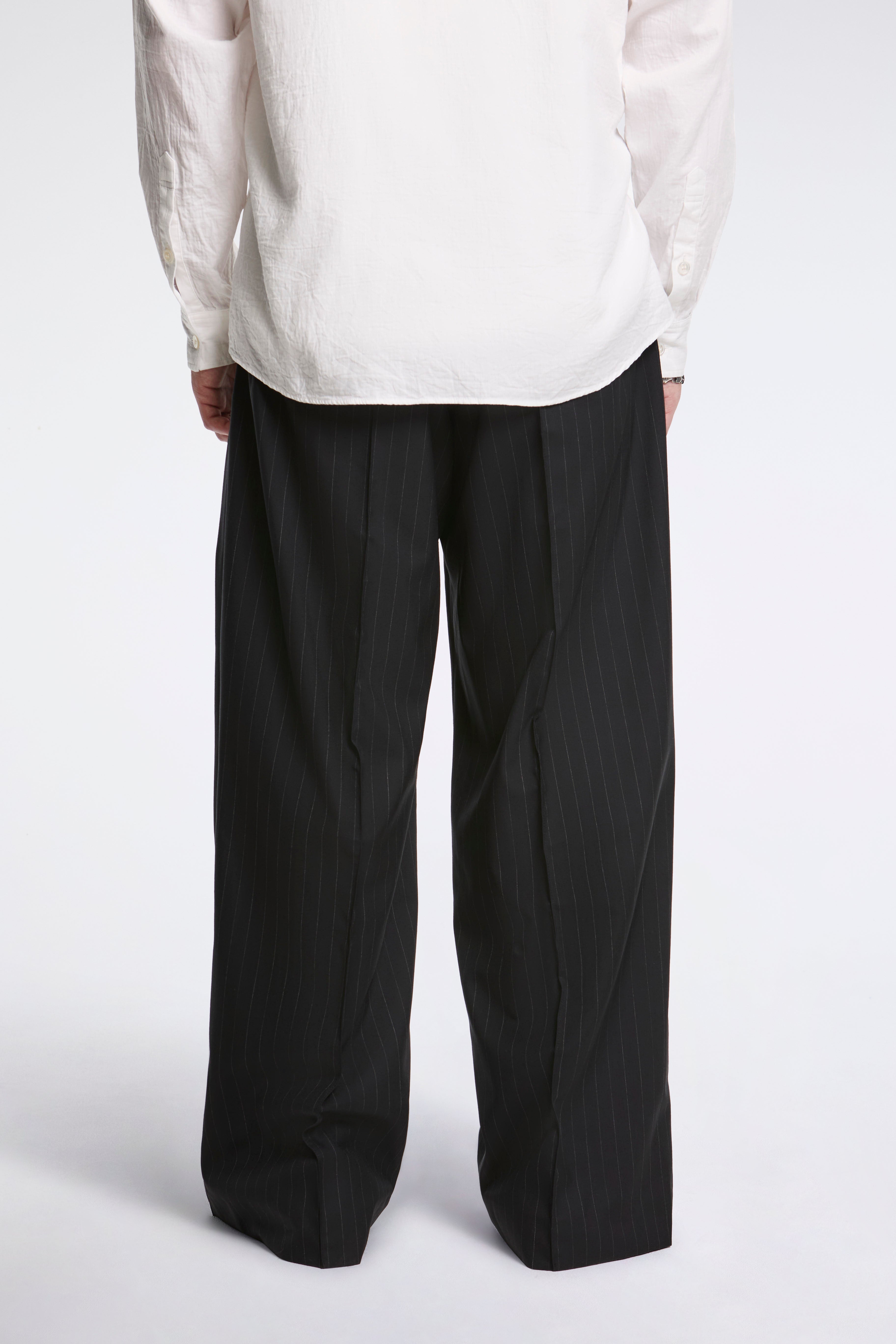 Pleated Stripe Summer Wool Pants Black