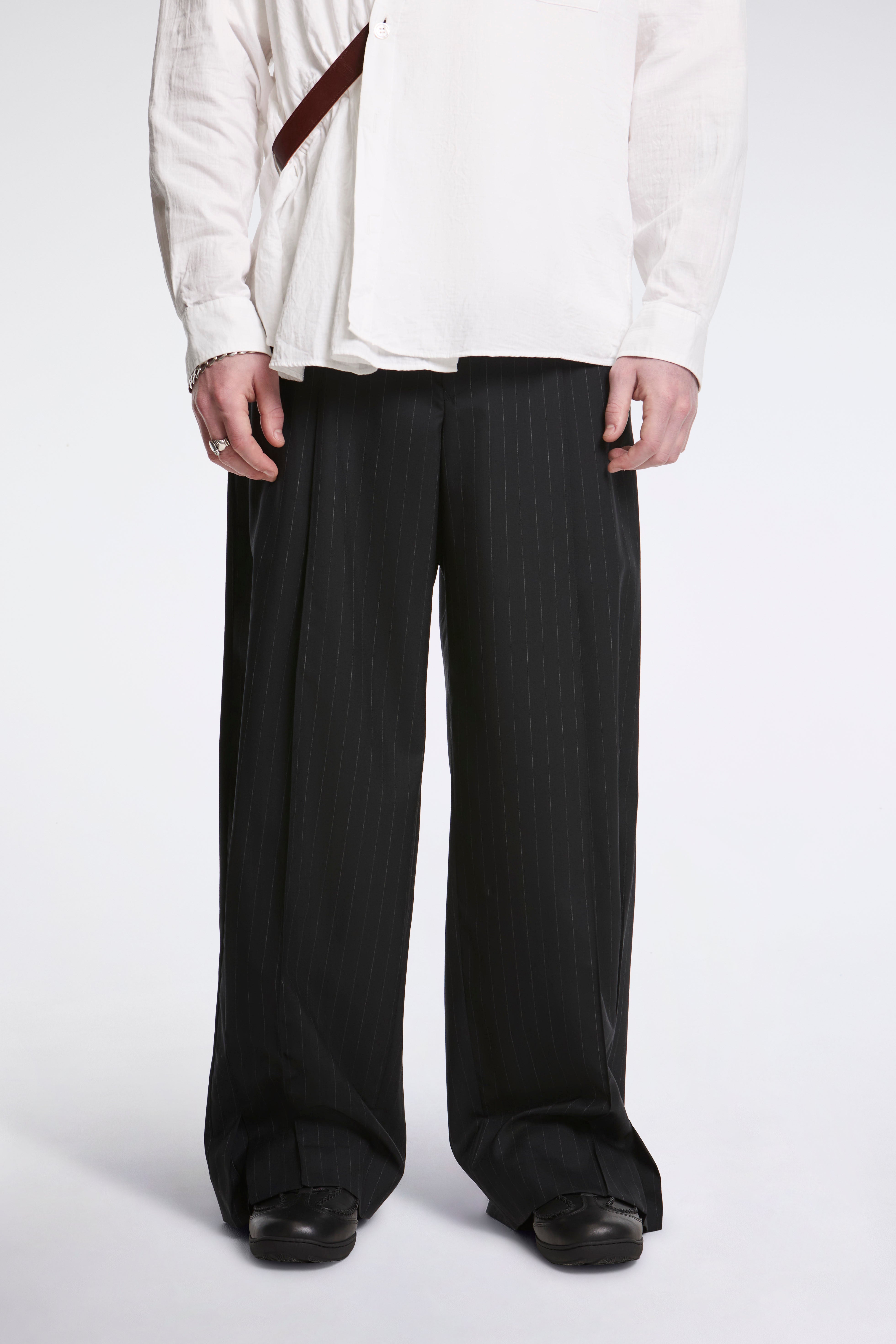Pleated Stripe Summer Wool Pants Black
