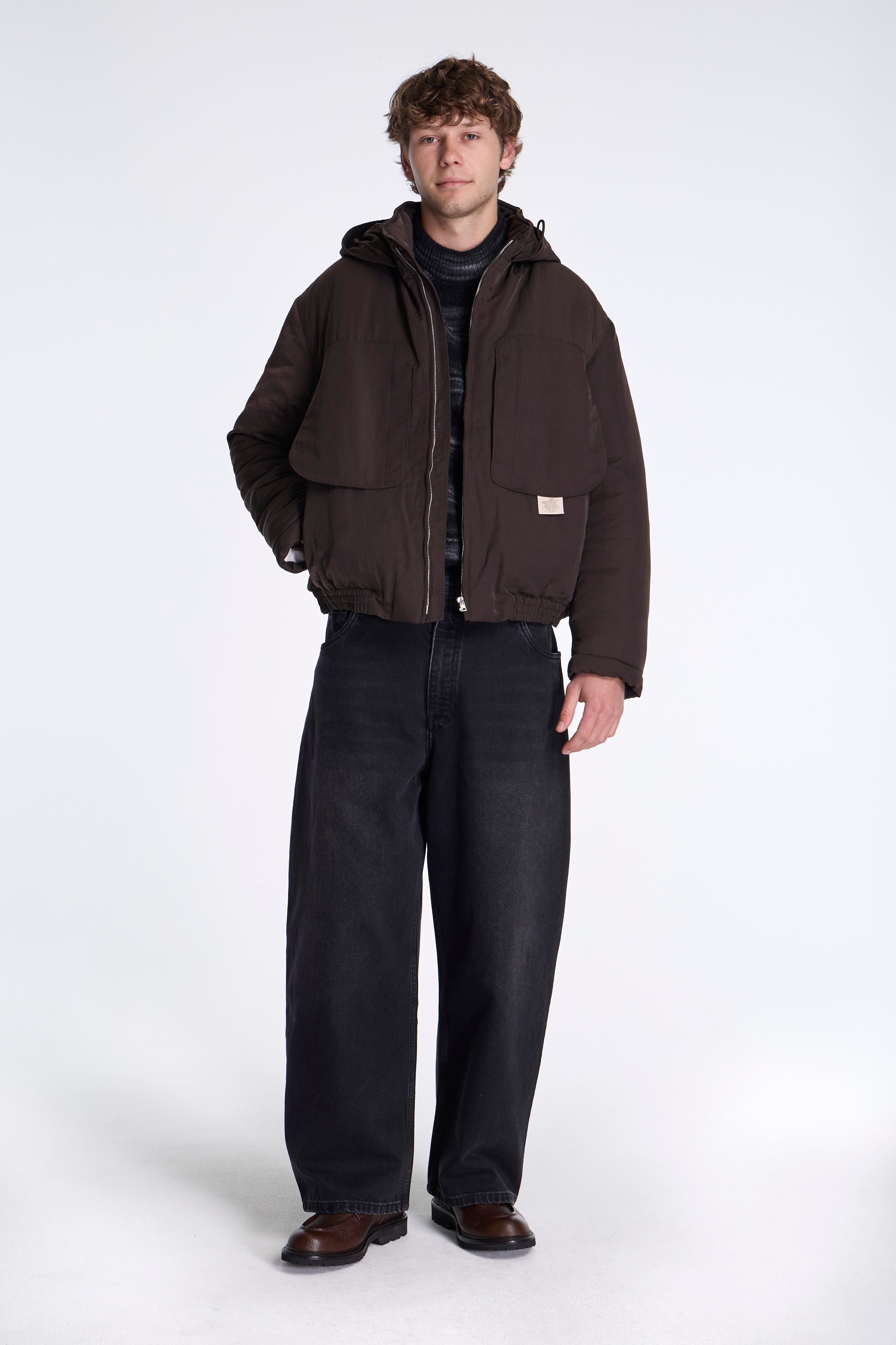 Purs Padded Nylon Hoodie Jacket Black Coffee