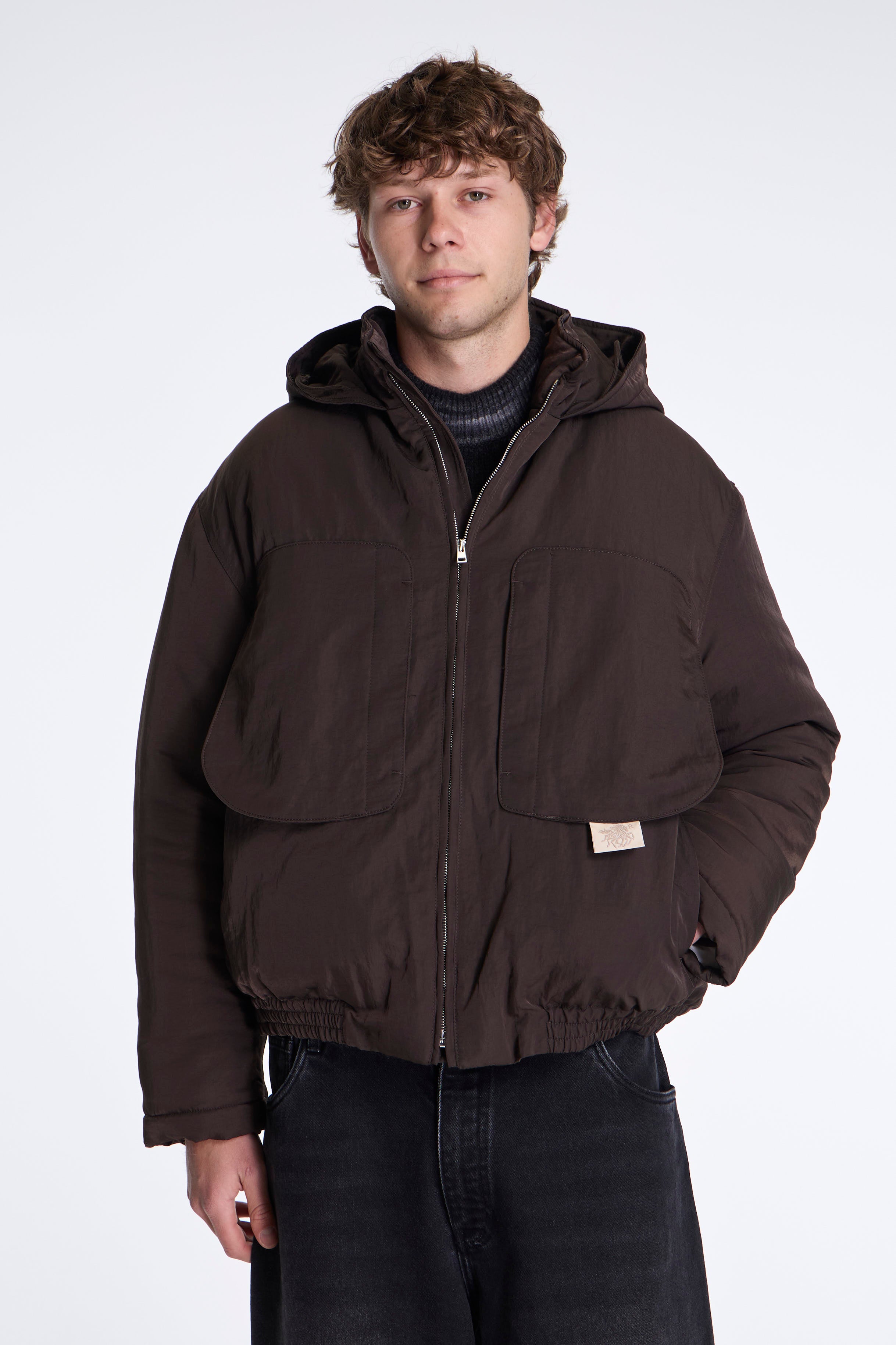 Purs Padded Nylon Hoodie Jacket Black Coffee