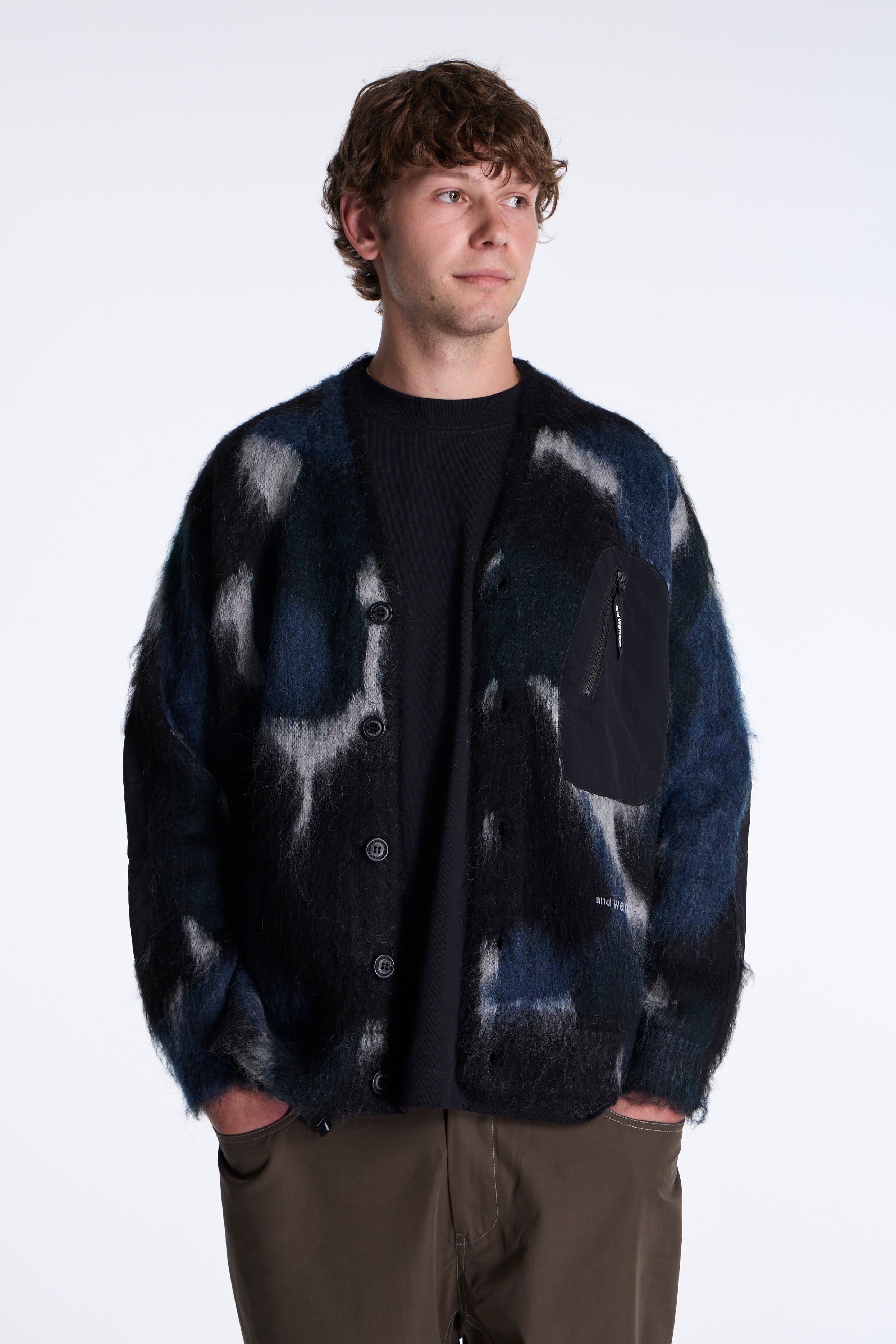 and Wander Mix Color Shaggy Knit Cardigan Black Mix