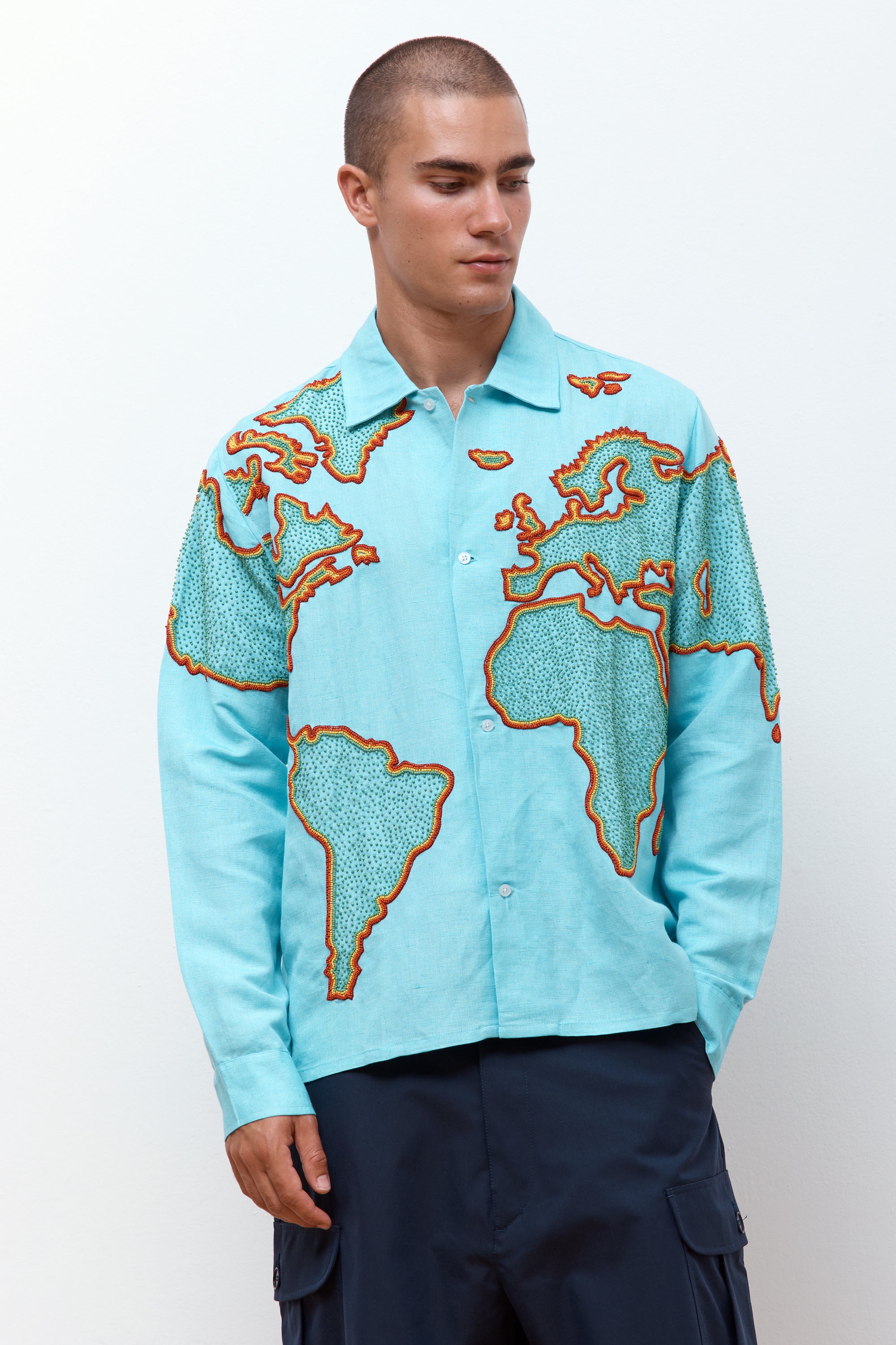 World Map Embroidered Shirt Blue