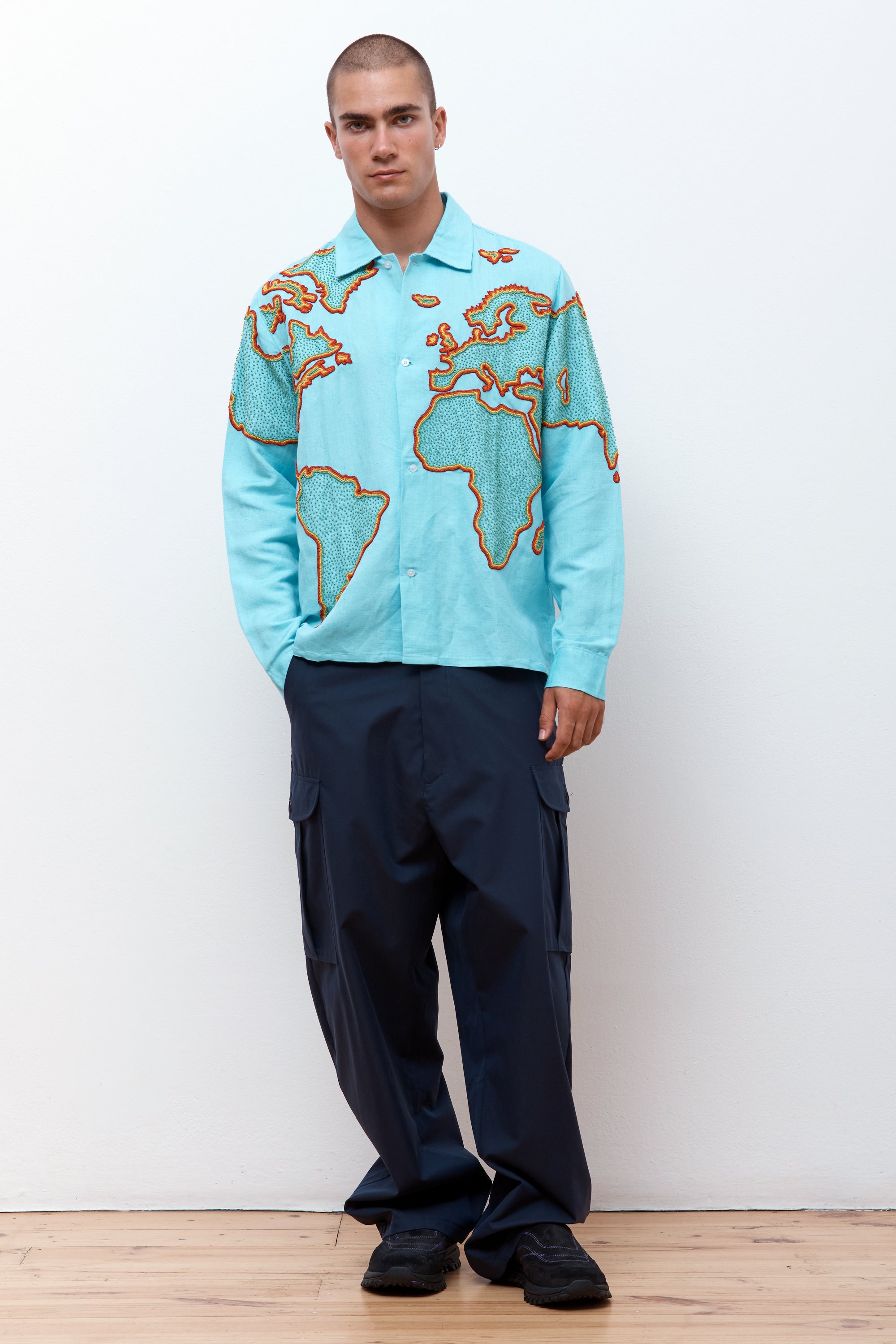 World Map Embroidered Shirt Blue