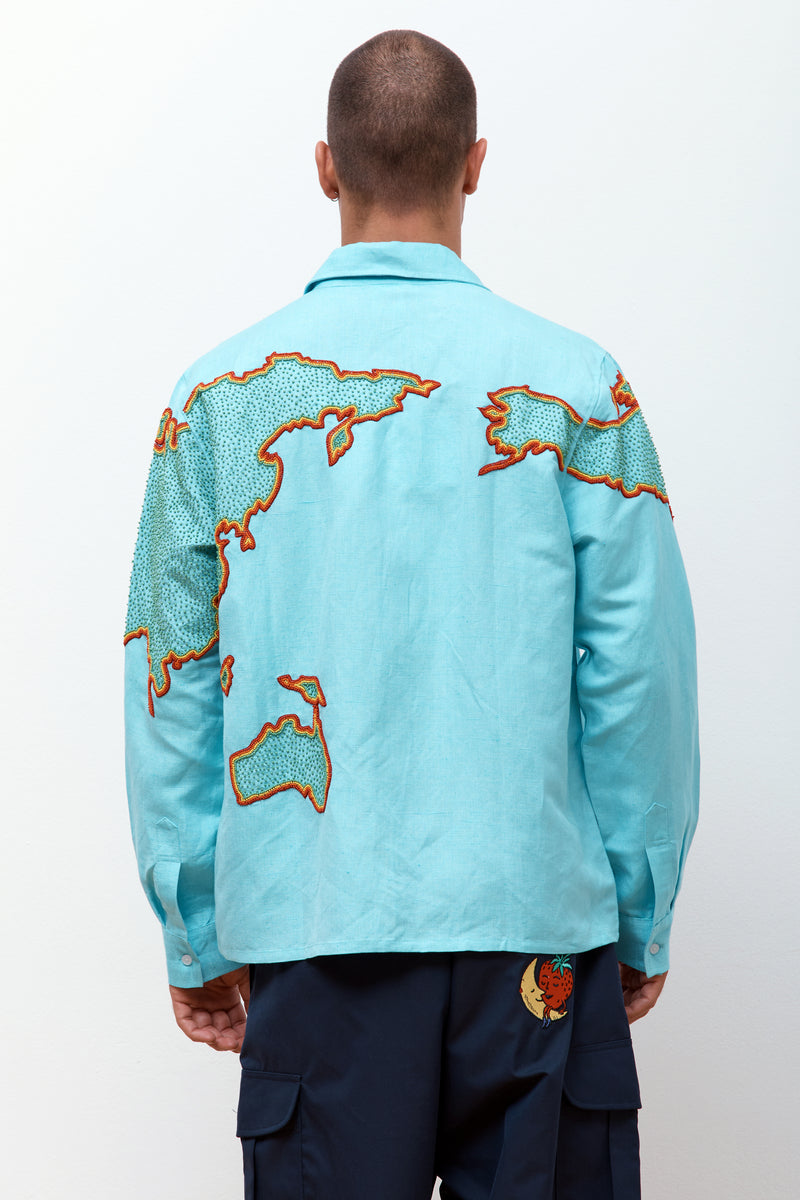 World Map Embroidered Shirt Blue