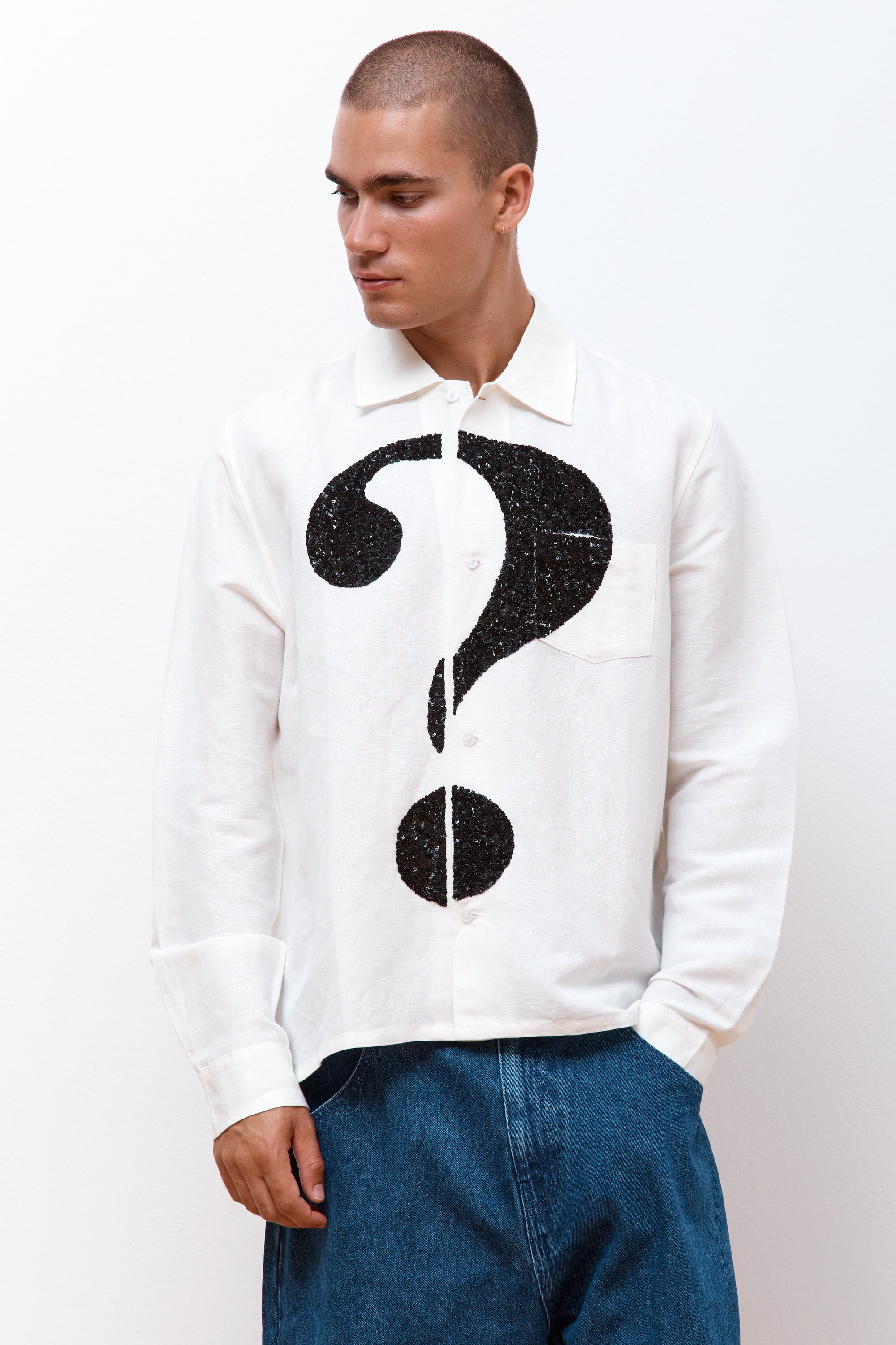 Question Mark Embroidered Shirt White