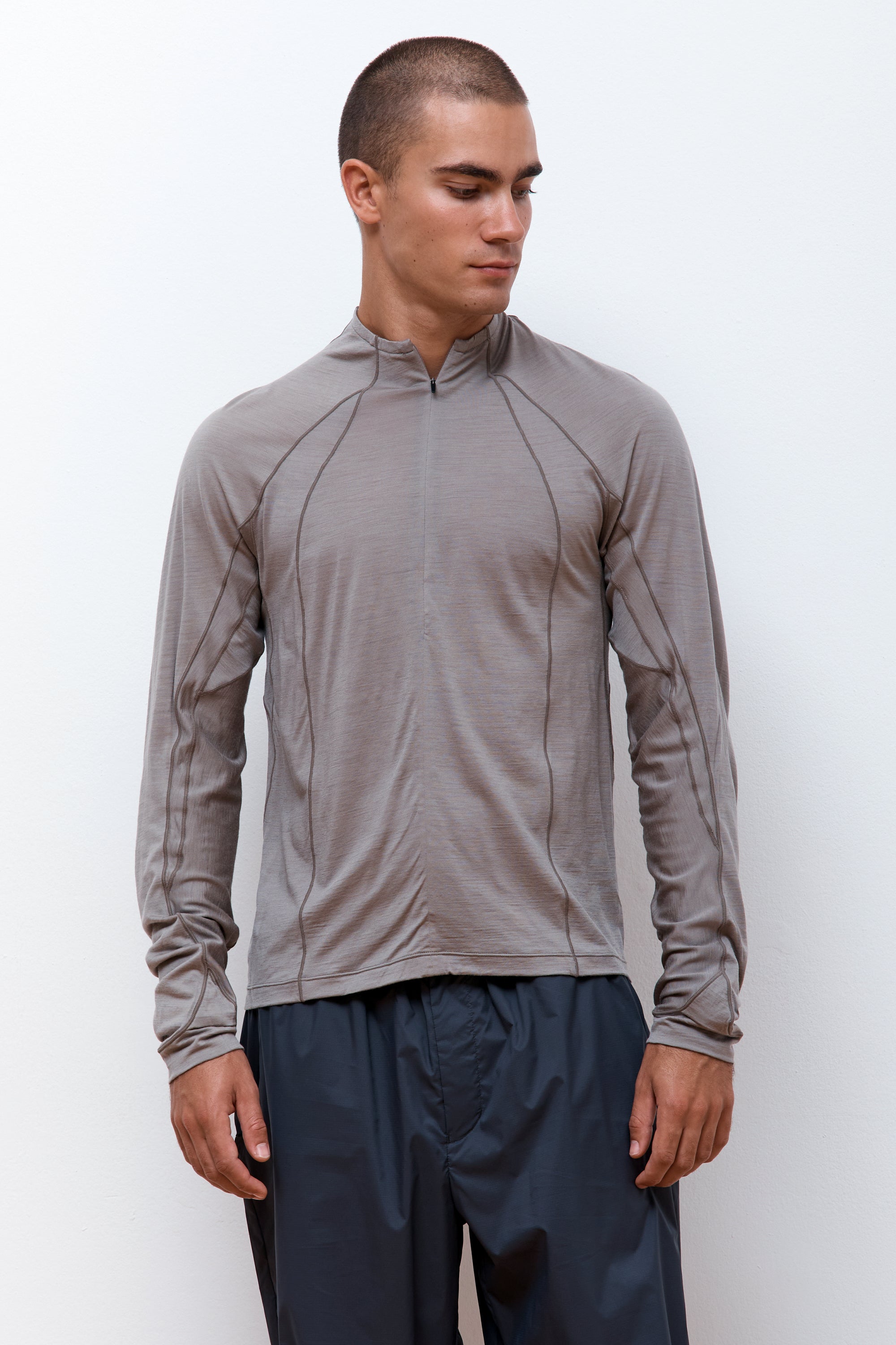 Wool Half-Zip LS Tee Grey Beige