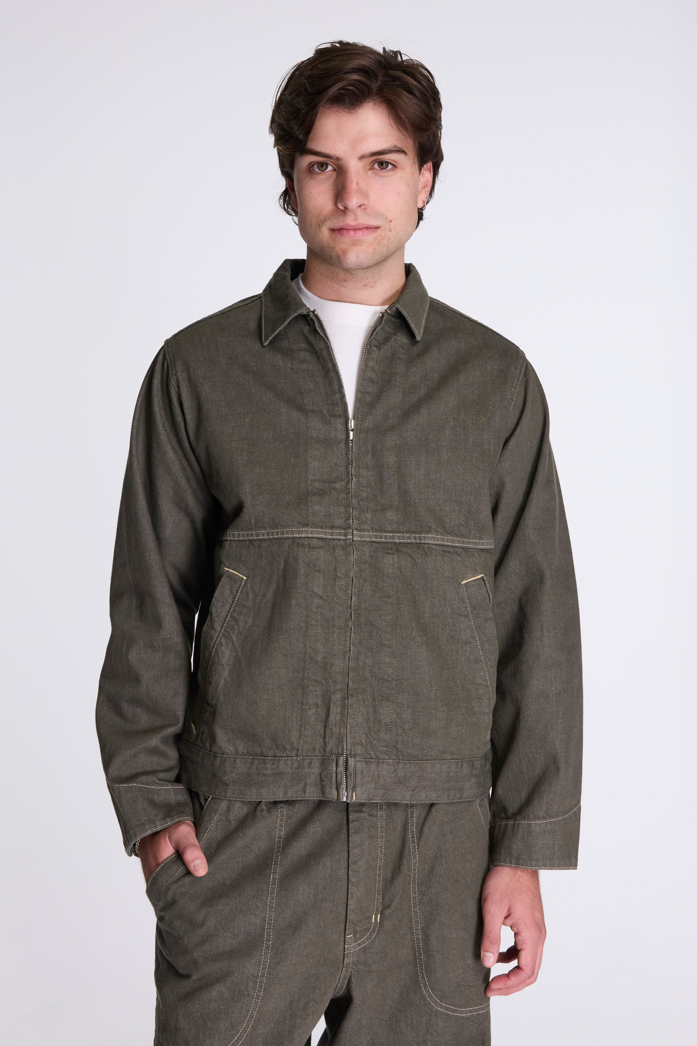 Japanese Slub Denim Jacket Dark Sage