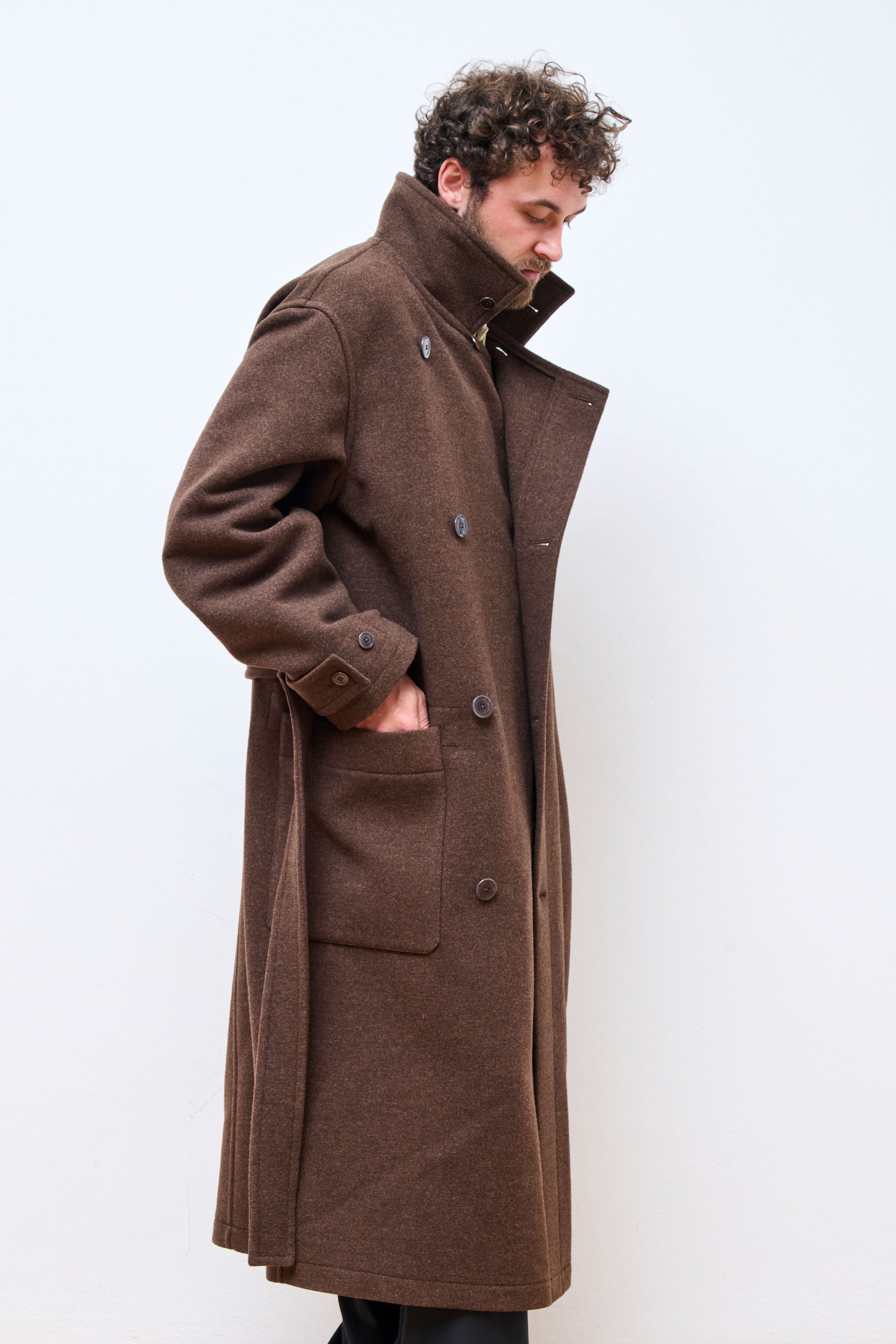 Wrap Coat With Contrast Stitch Brown Chine