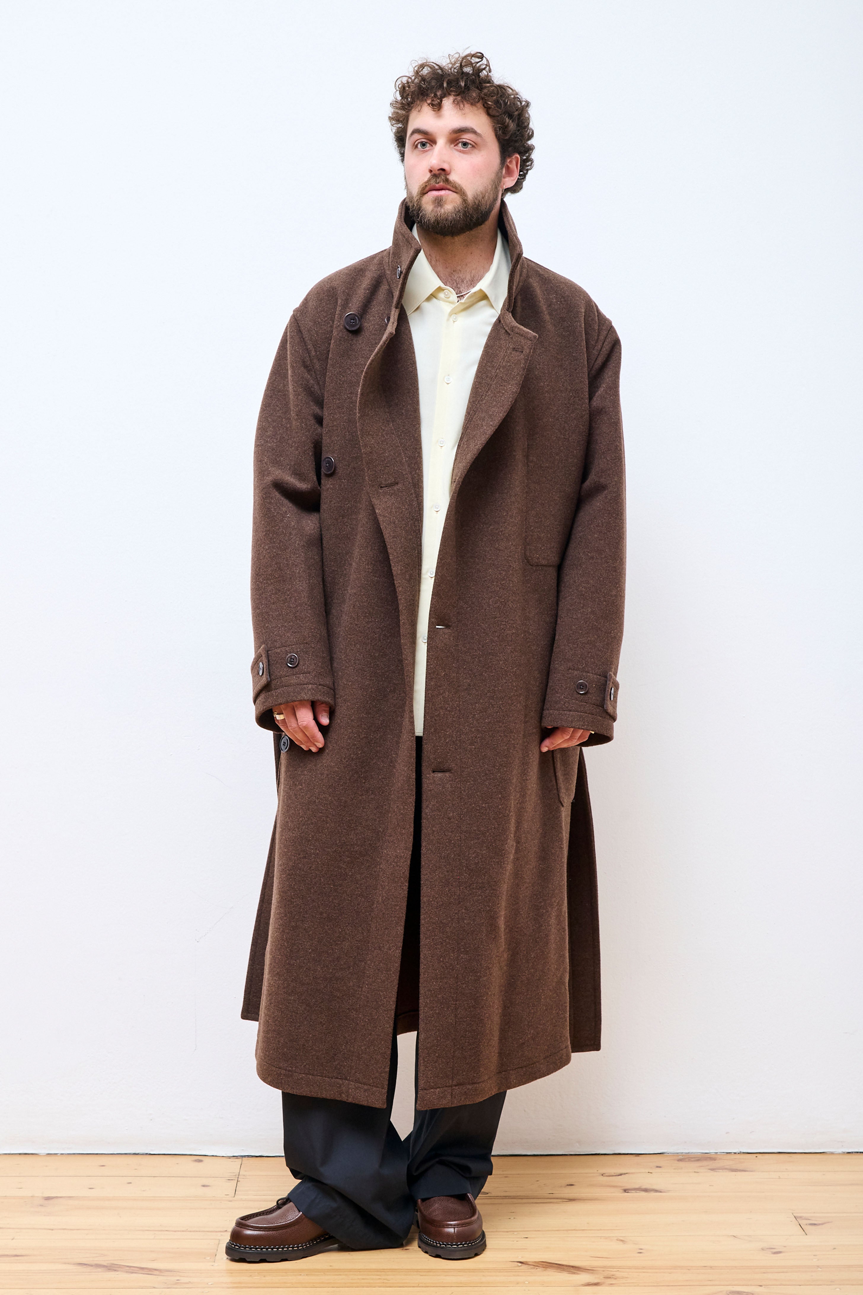 Wrap Coat With Contrast Stitch Brown Chine