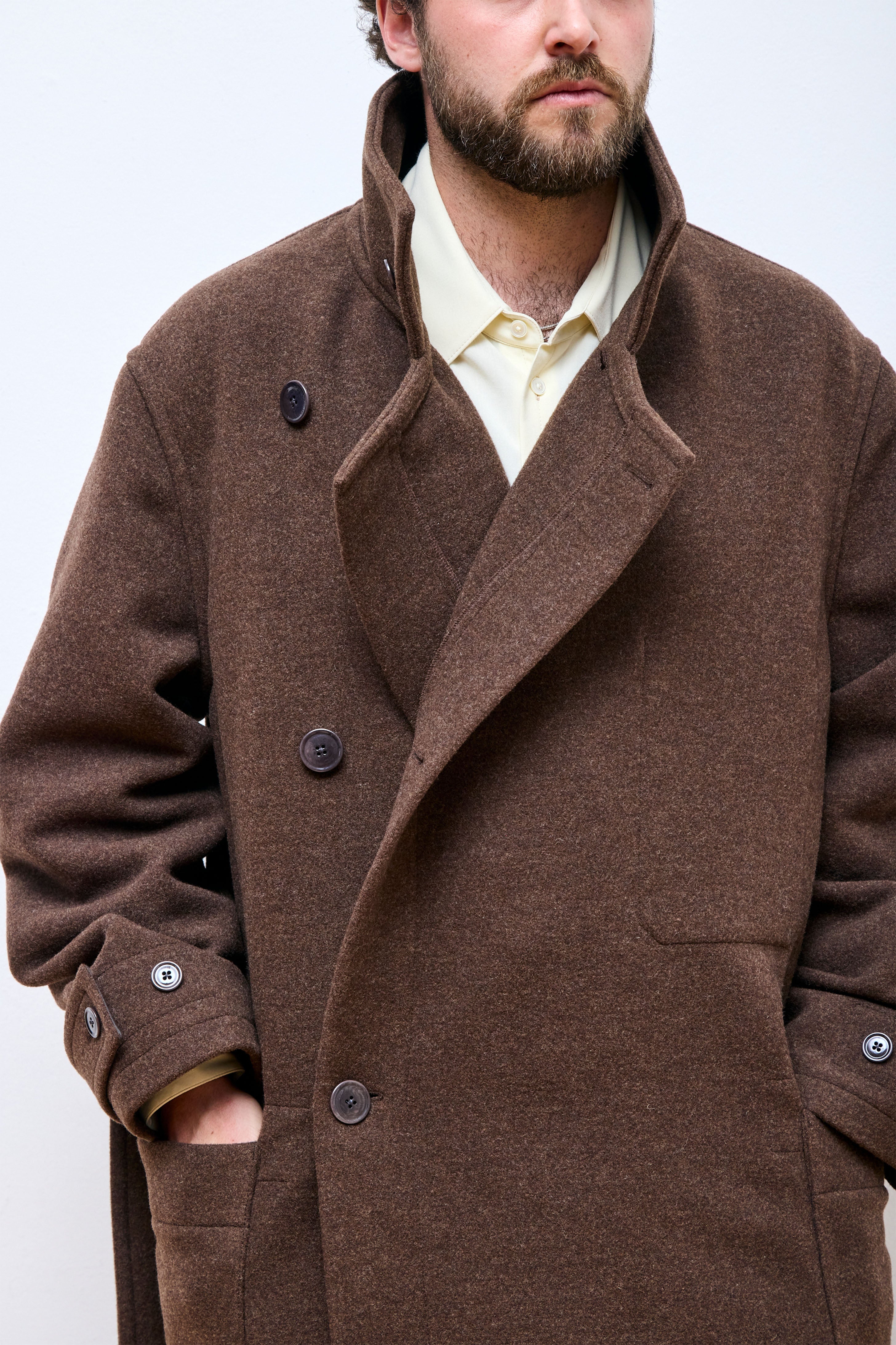 Wrap Coat With Contrast Stitch Brown Chine