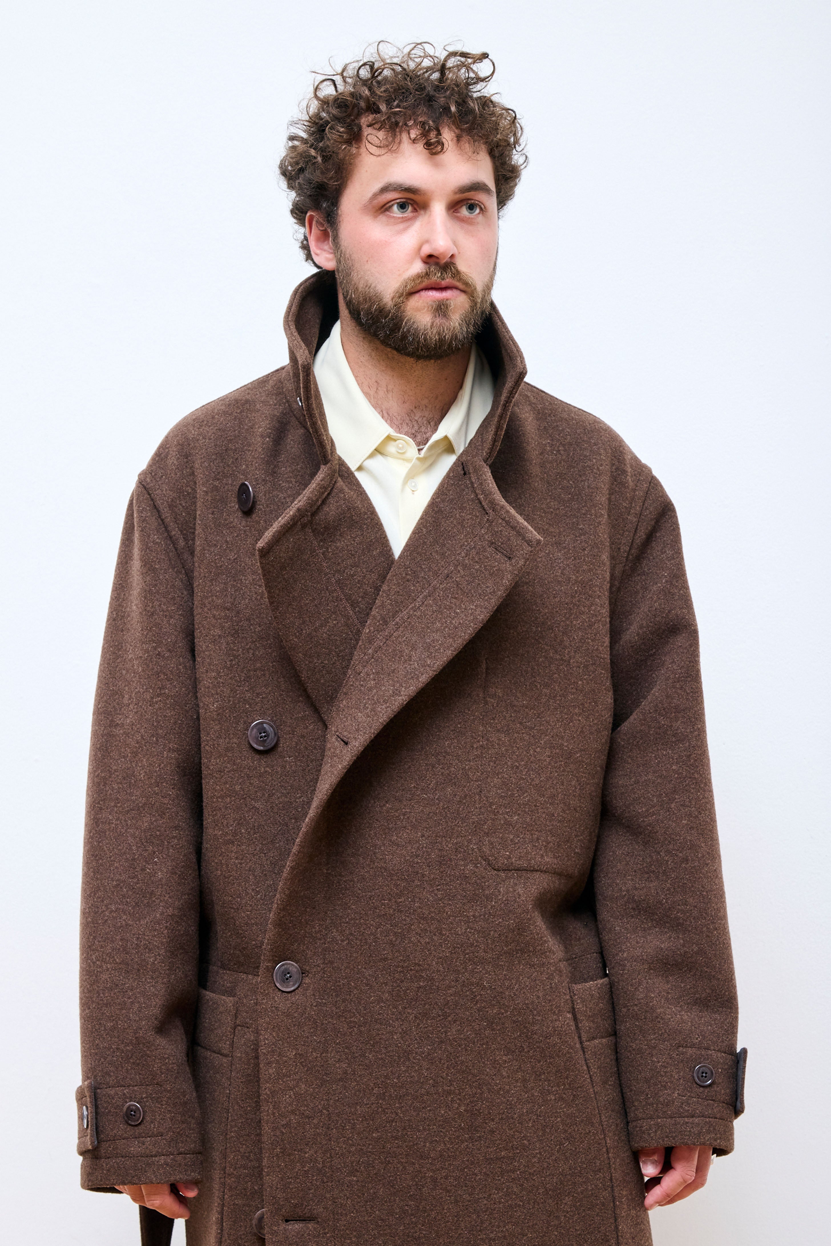 Wrap Coat With Contrast Stitch Brown Chine