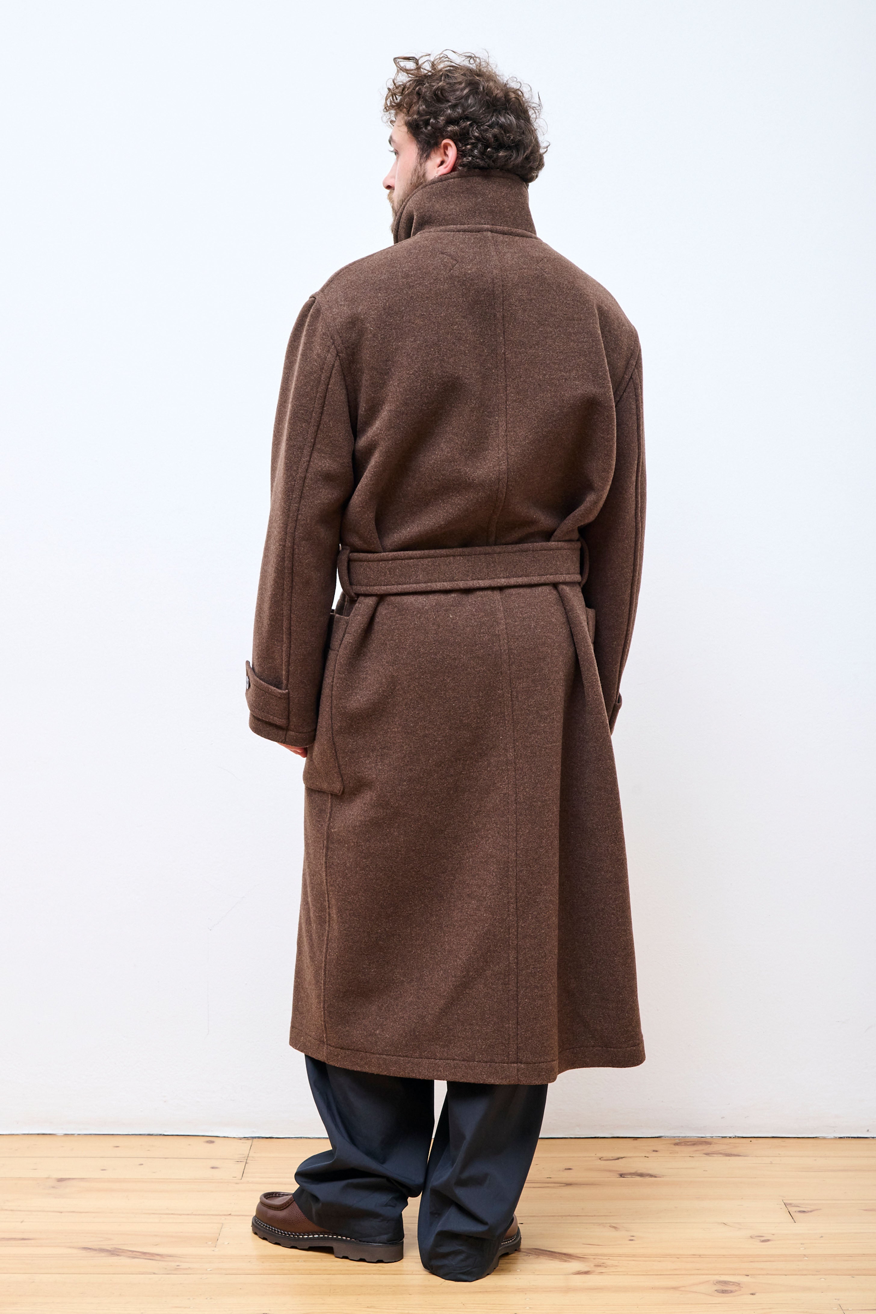 Wrap Coat With Contrast Stitch Brown Chine