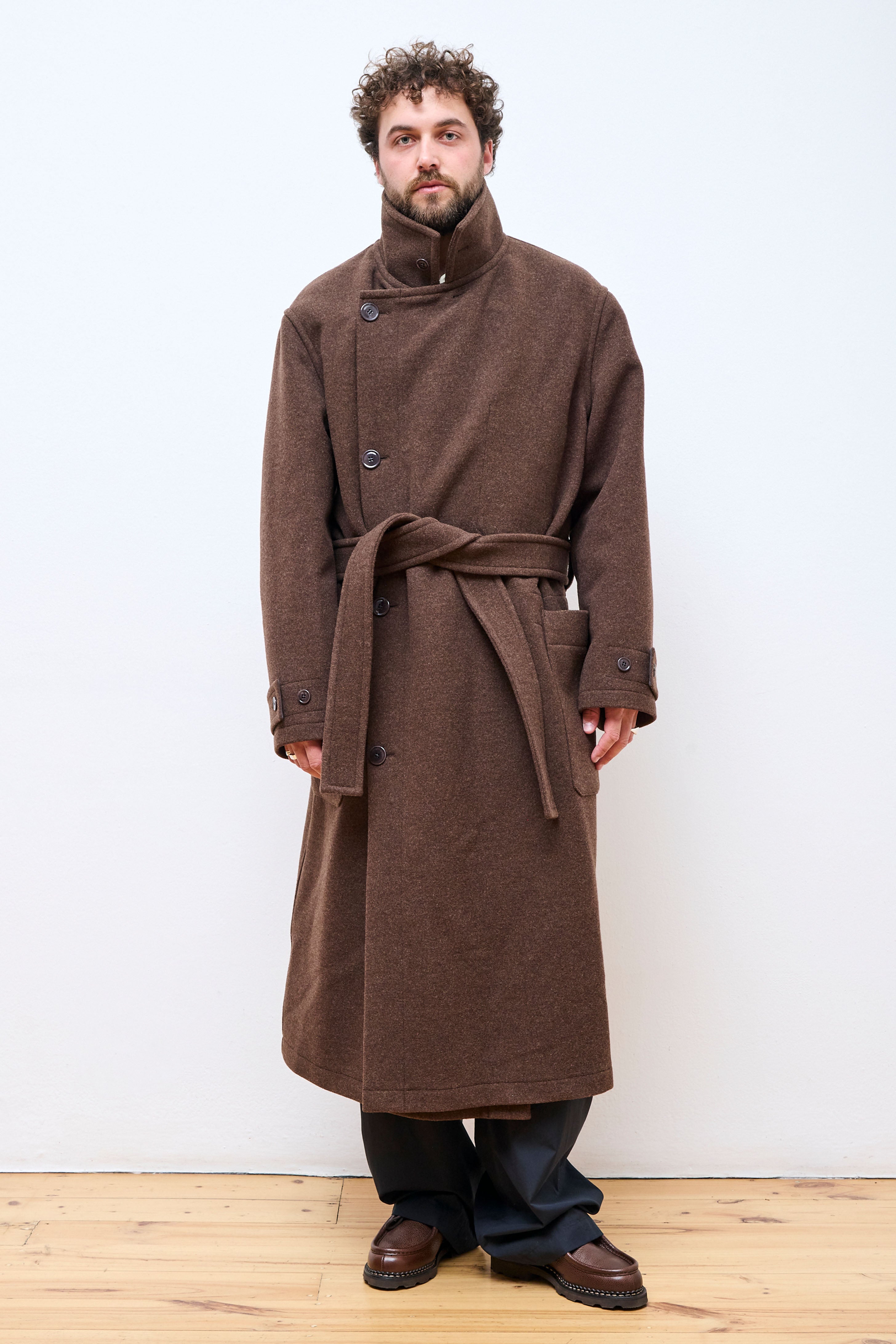 Wrap Coat With Contrast Stitch Brown Chine