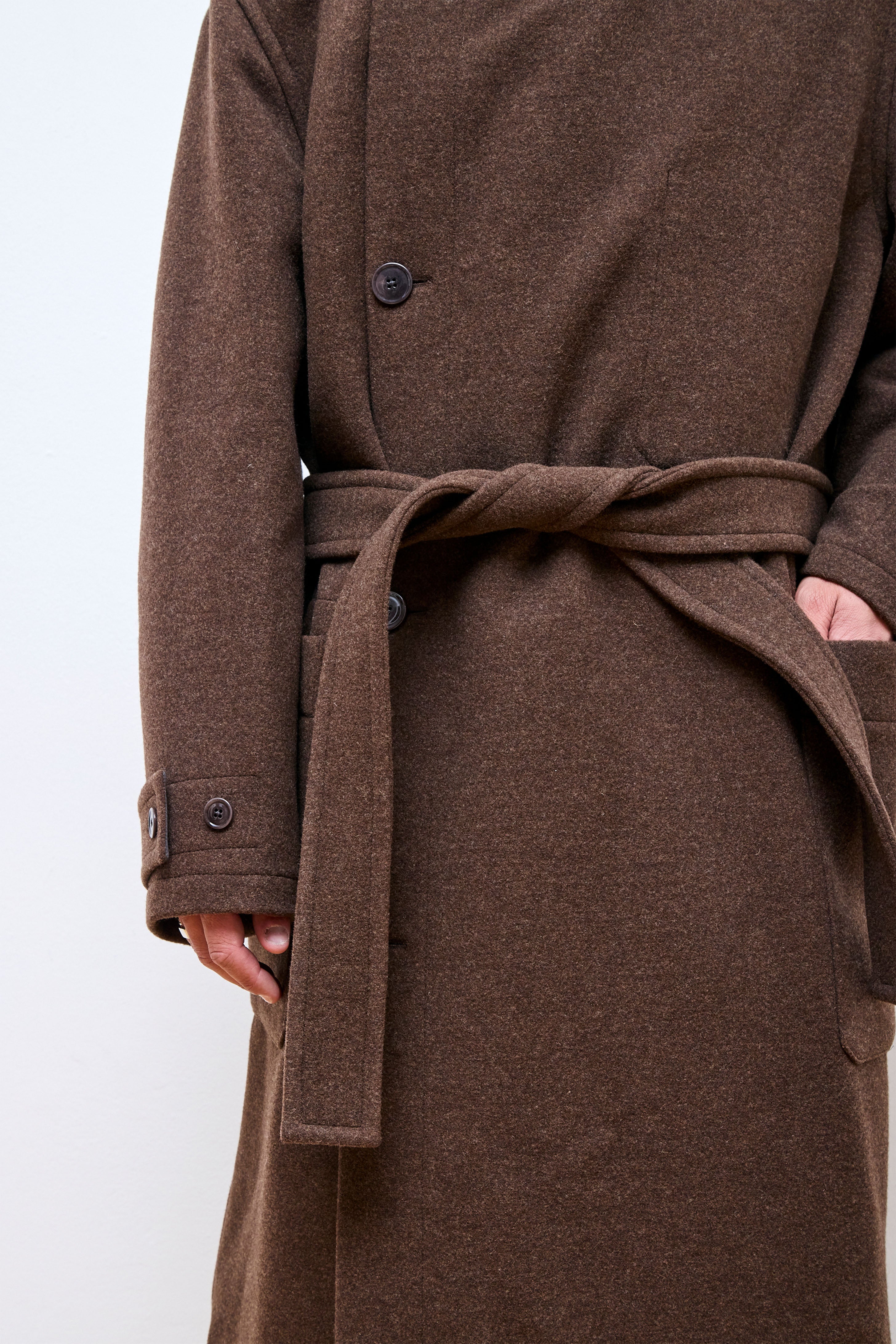 Wrap Coat With Contrast Stitch Brown Chine