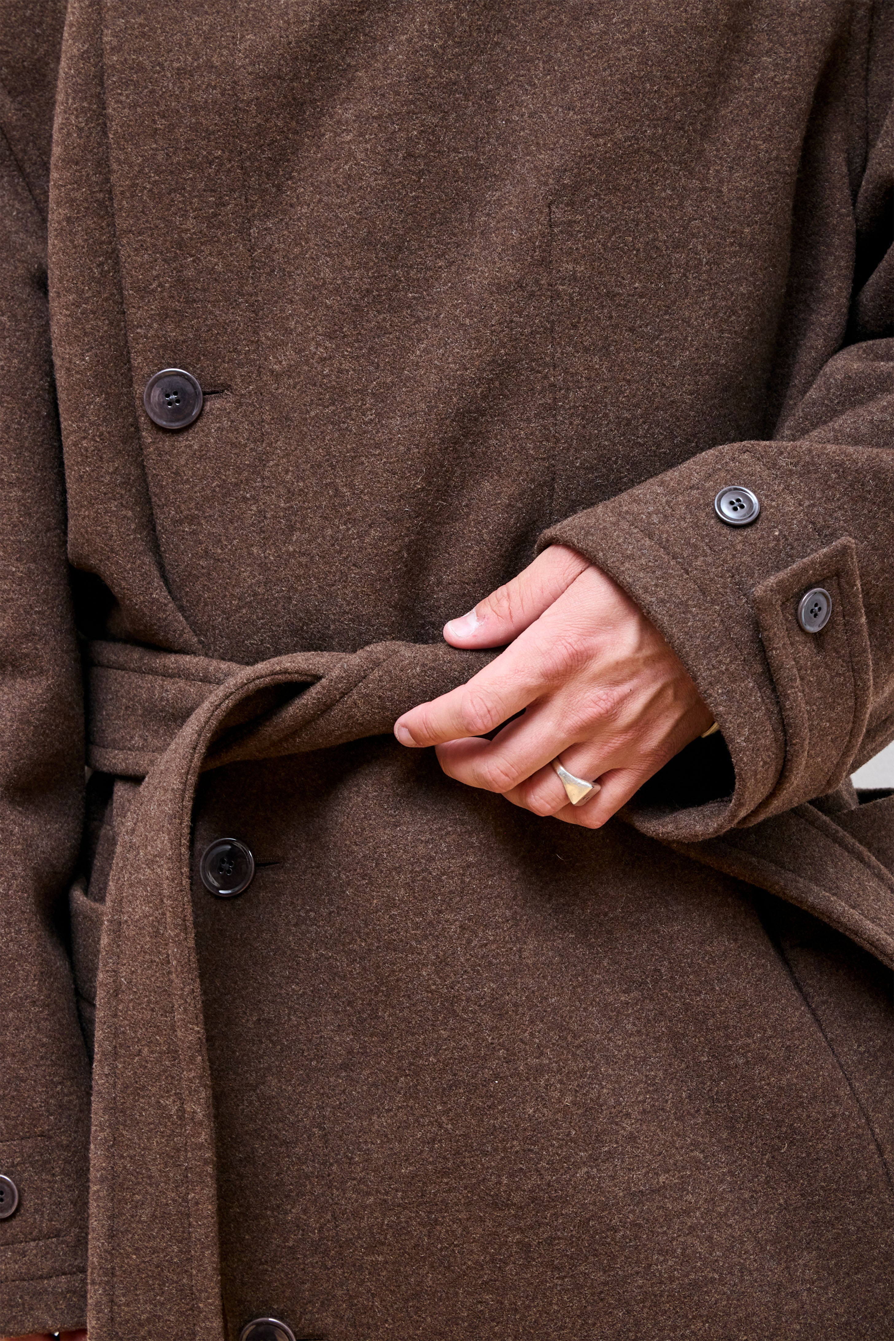 Wrap Coat With Contrast Stitch Brown Chine