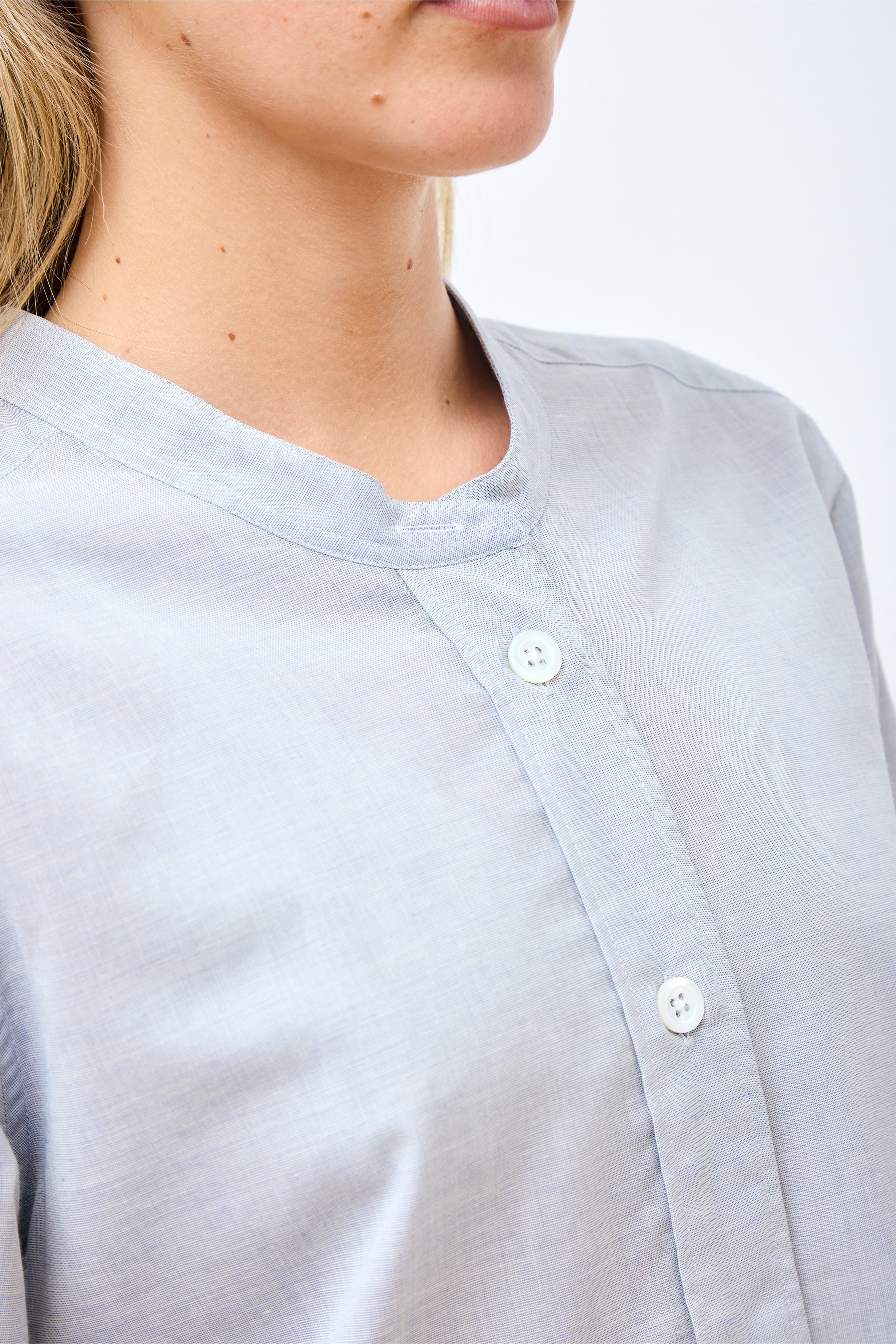 Button Through Collarless Shirt Blue