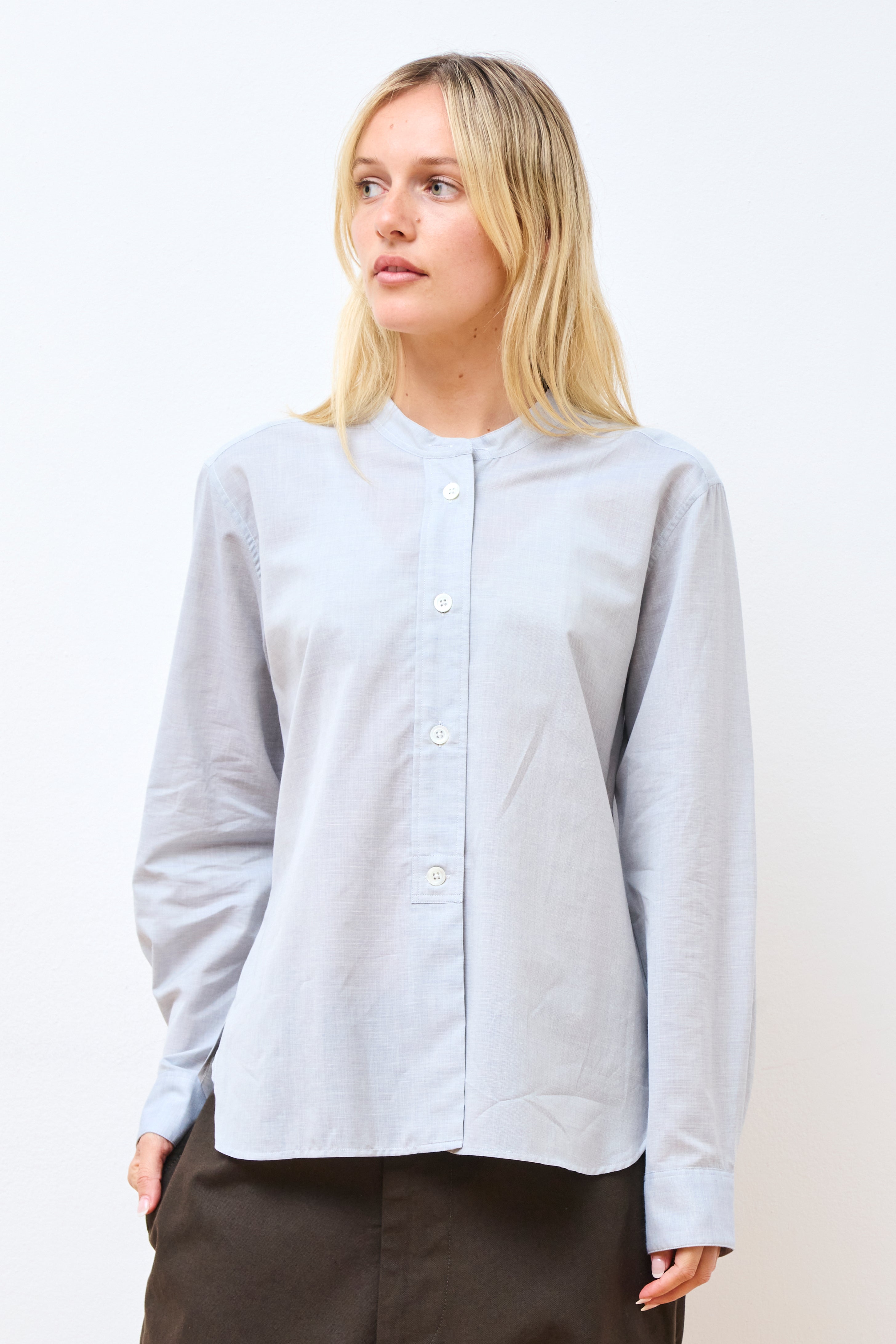 Button Through Collarless Shirt Blue