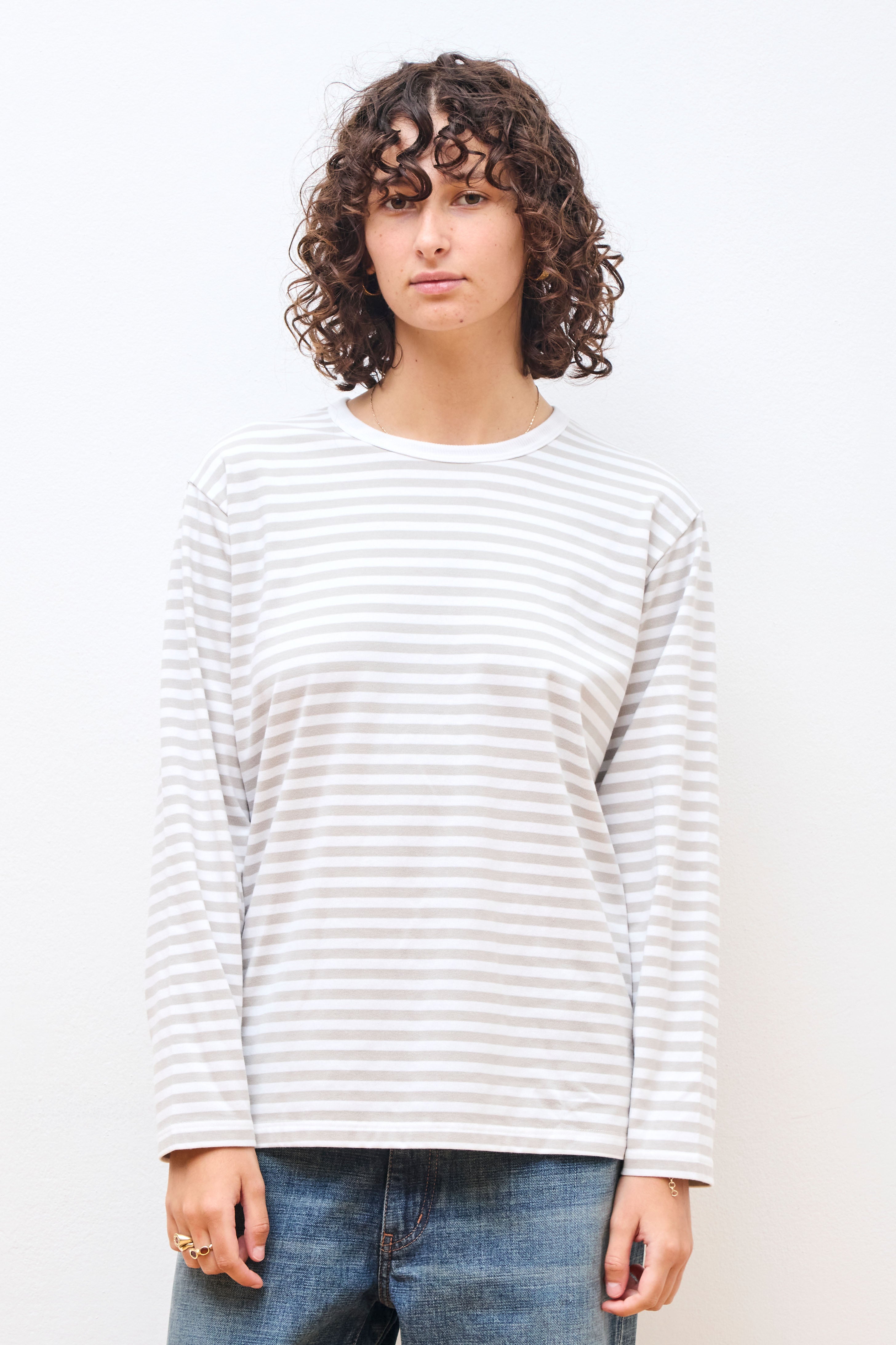 COOLMAX Stripe Jersey L/S Tee Sand Beige X White