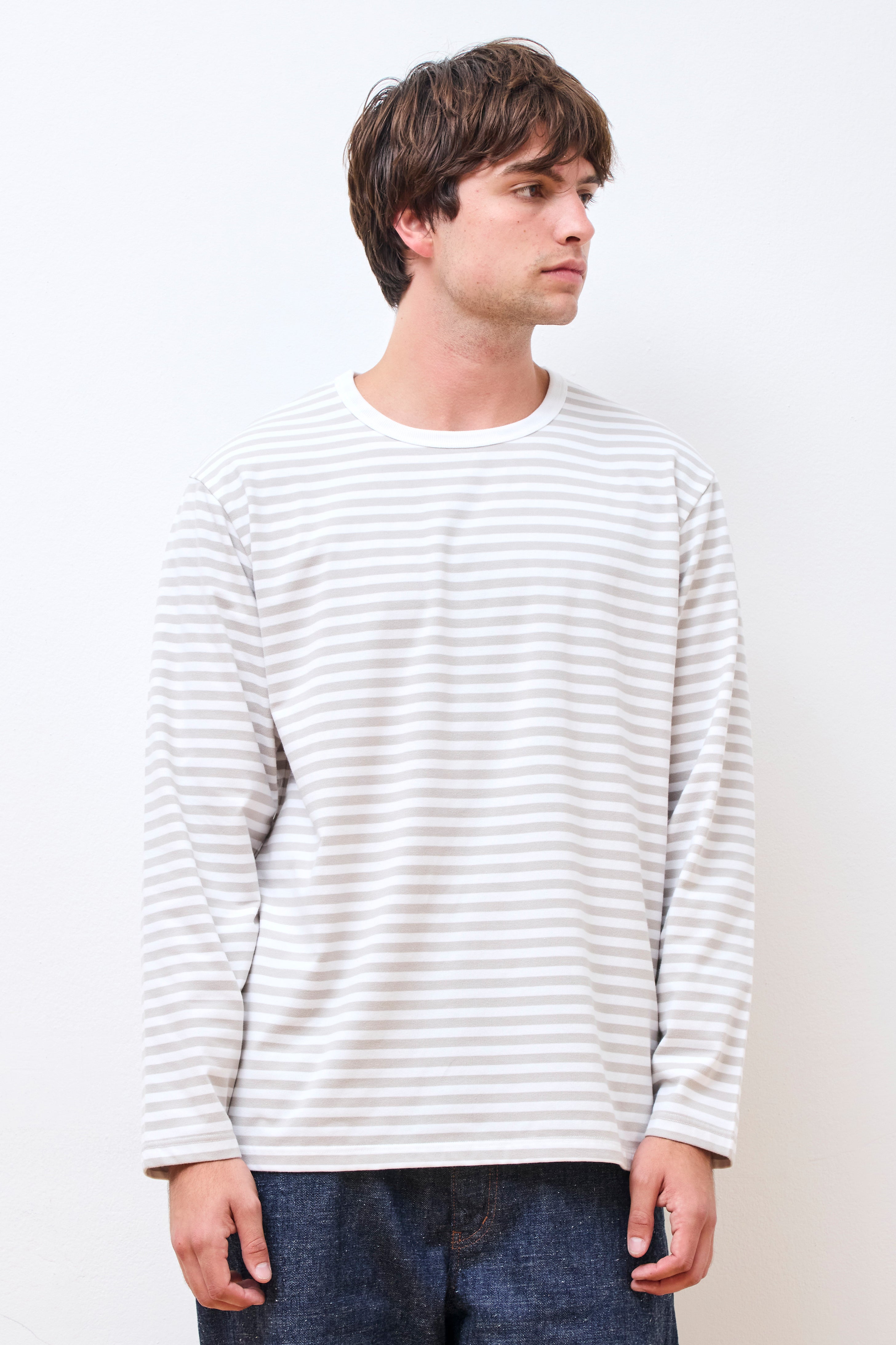 COOLMAX Stripe Jersey L/S Tee Sand Beige X White