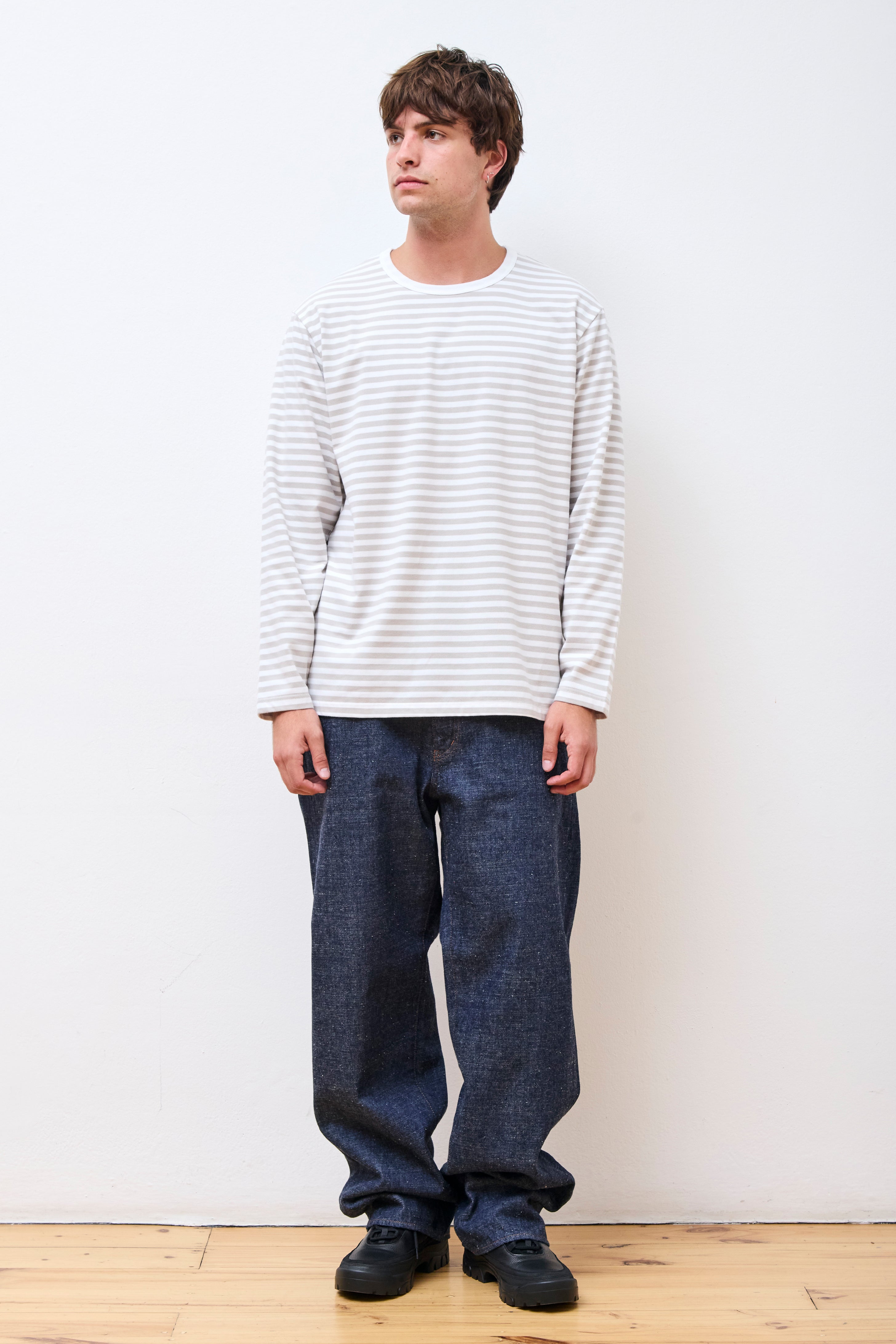 COOLMAX Stripe Jersey L/S Tee Sand Beige X White