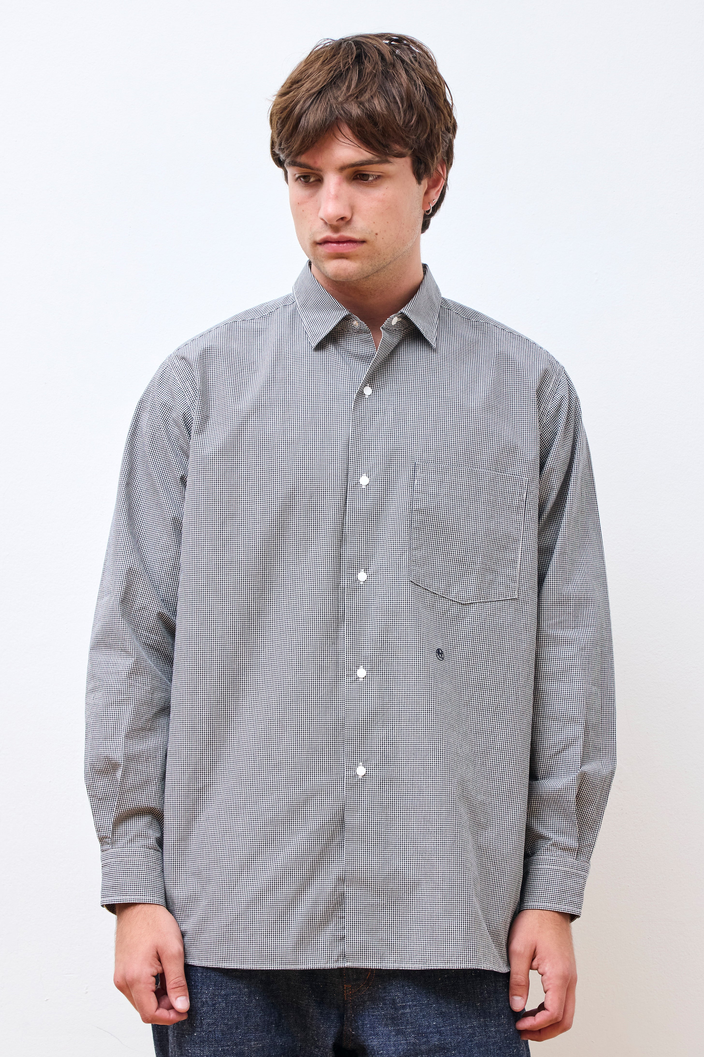 Regular Collar Gingham Check Wind Shirt Navy