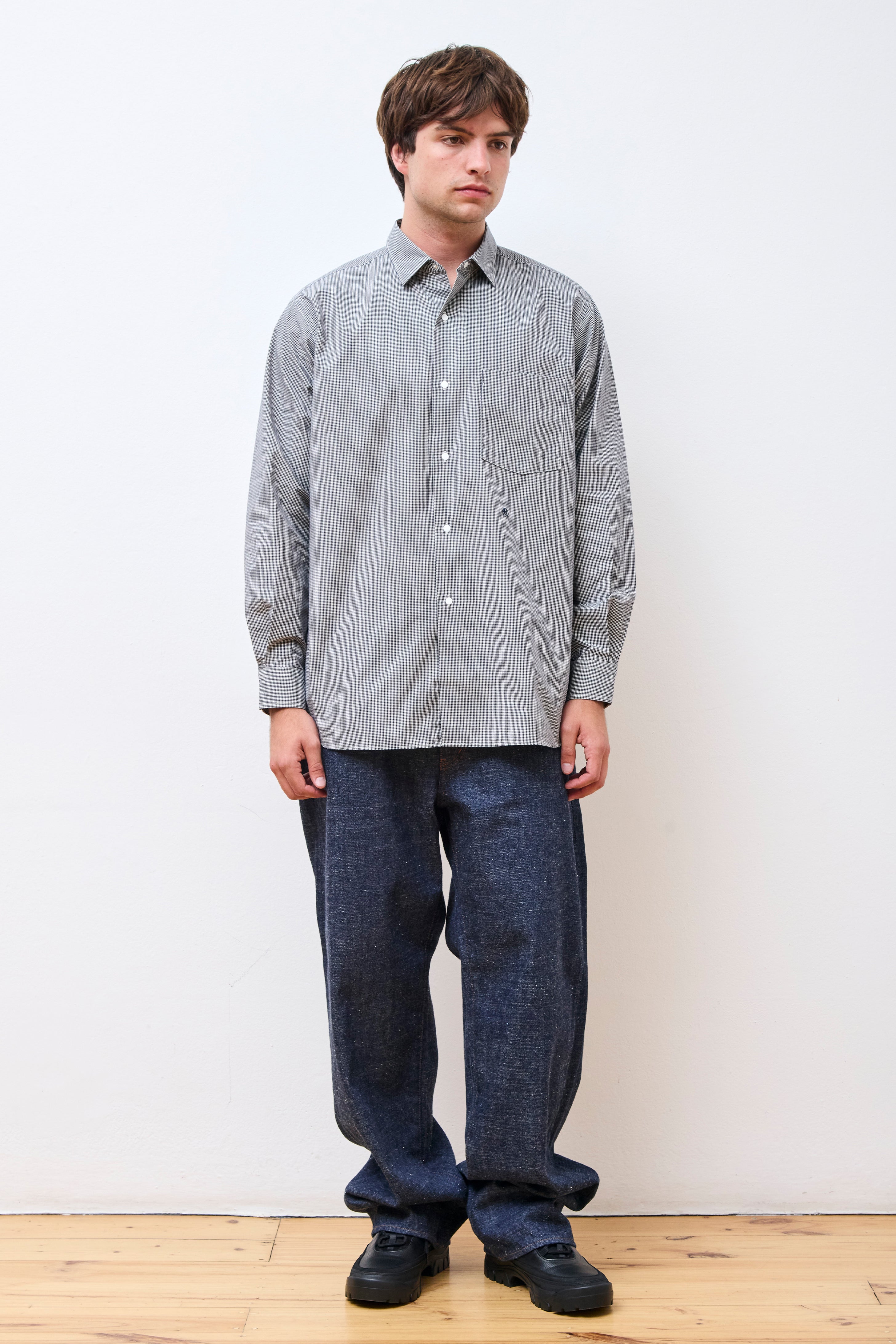 Regular Collar Gingham Check Wind Shirt Navy