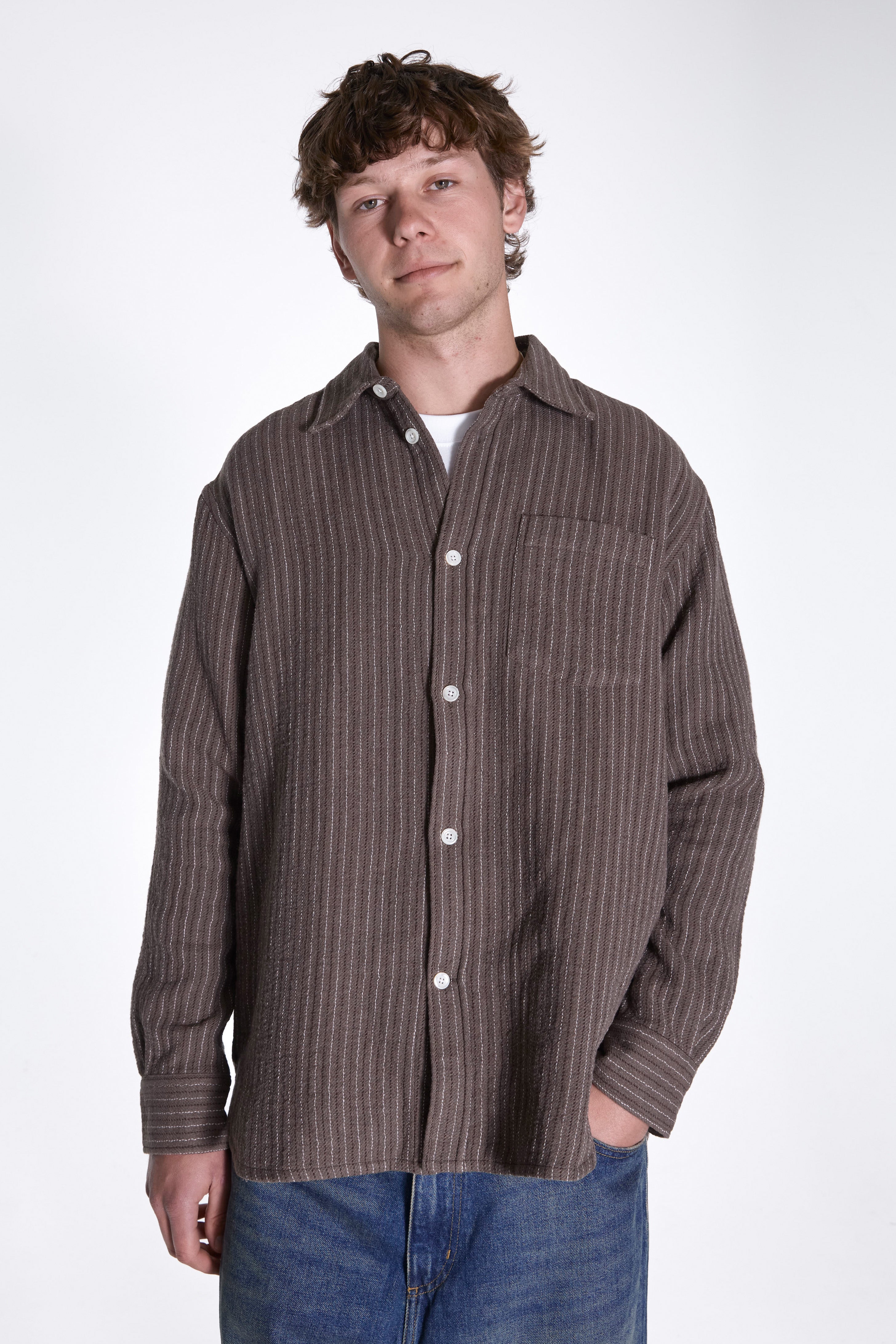 Ole Oversized Wool Stripe Shirt Seal Brown